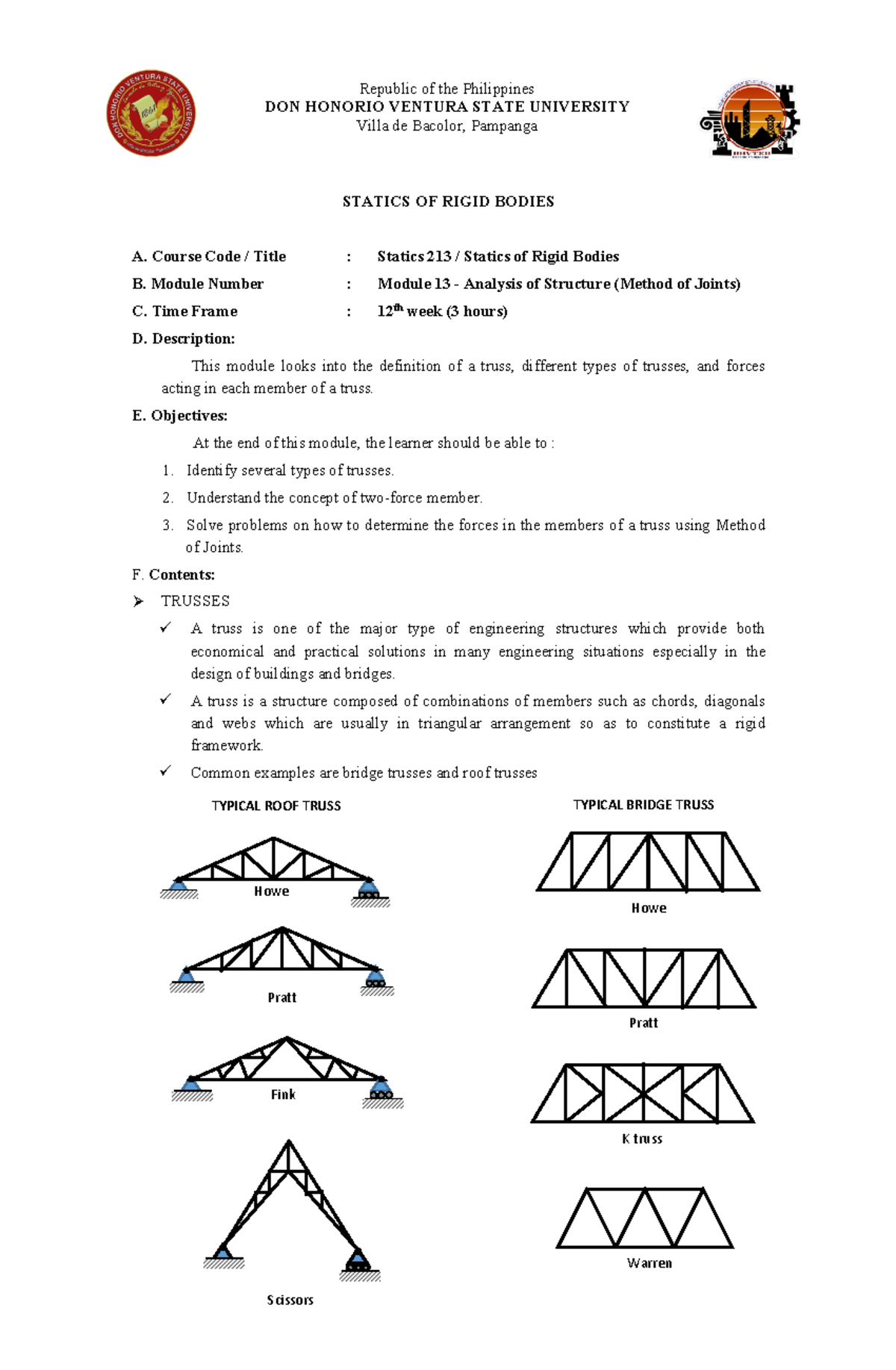 Module 13 Method of Joints STATICS OF RIGID BODIES A. Course Code