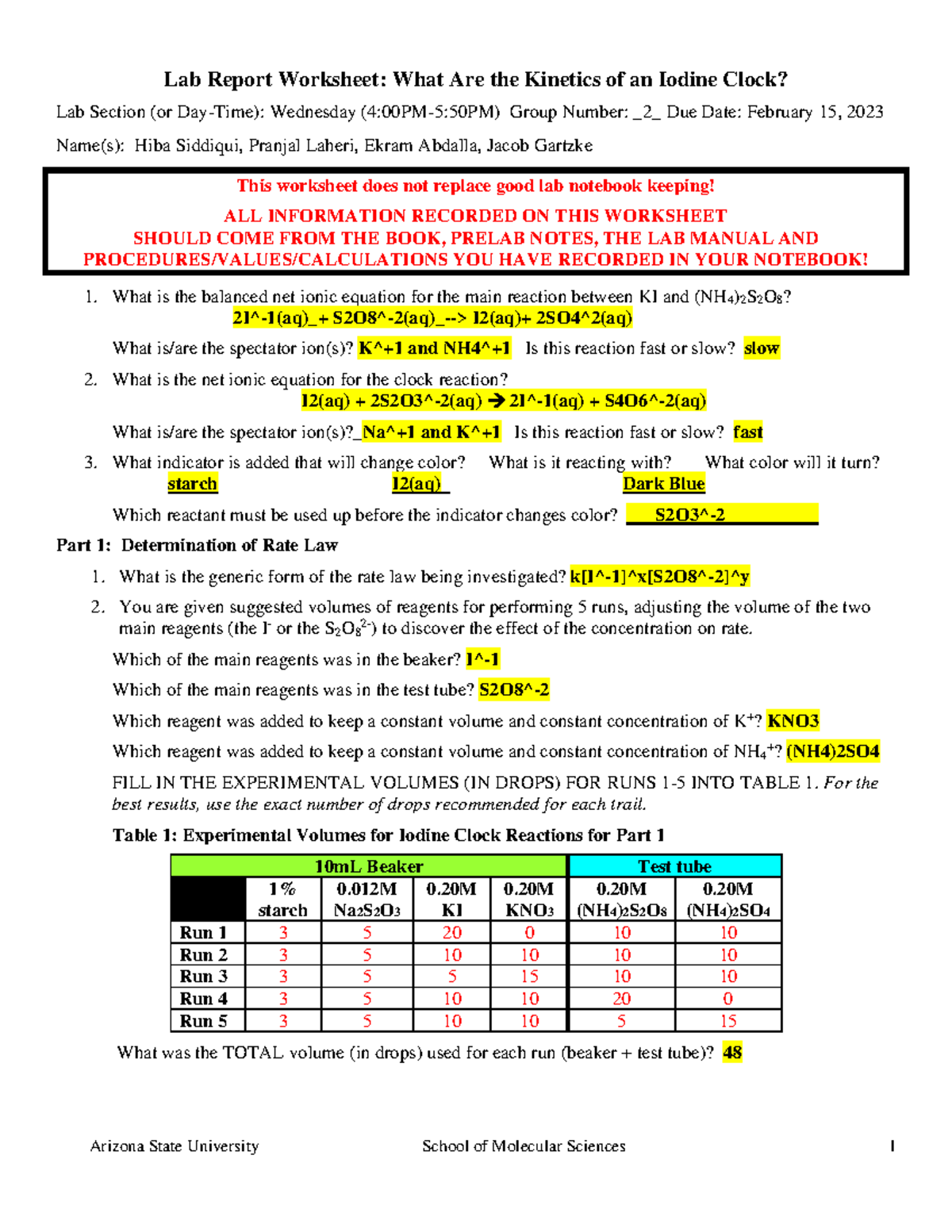 What are the of an Iodine Clock Reaction Worksheet Student Version v Sum17 (1) (3) (13