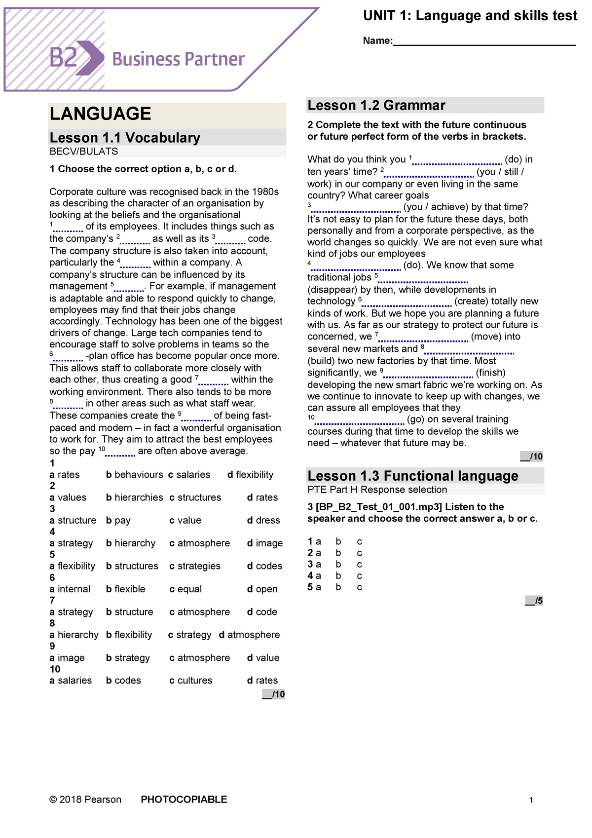 BP B2 Tests Unit1 — Kopia - © 2018 Pearson PHOTOCOPIABLE 1 UNIT 1 ...