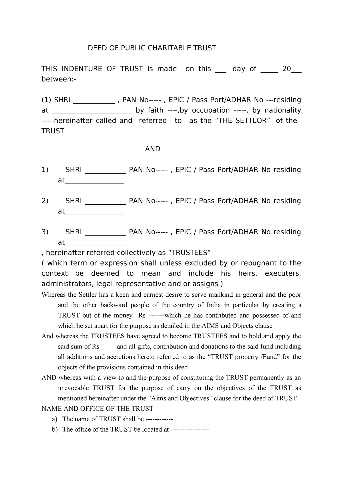 Public Charitable Trust - DEED OF PUBLIC CHARITABLE TRUST THIS ...