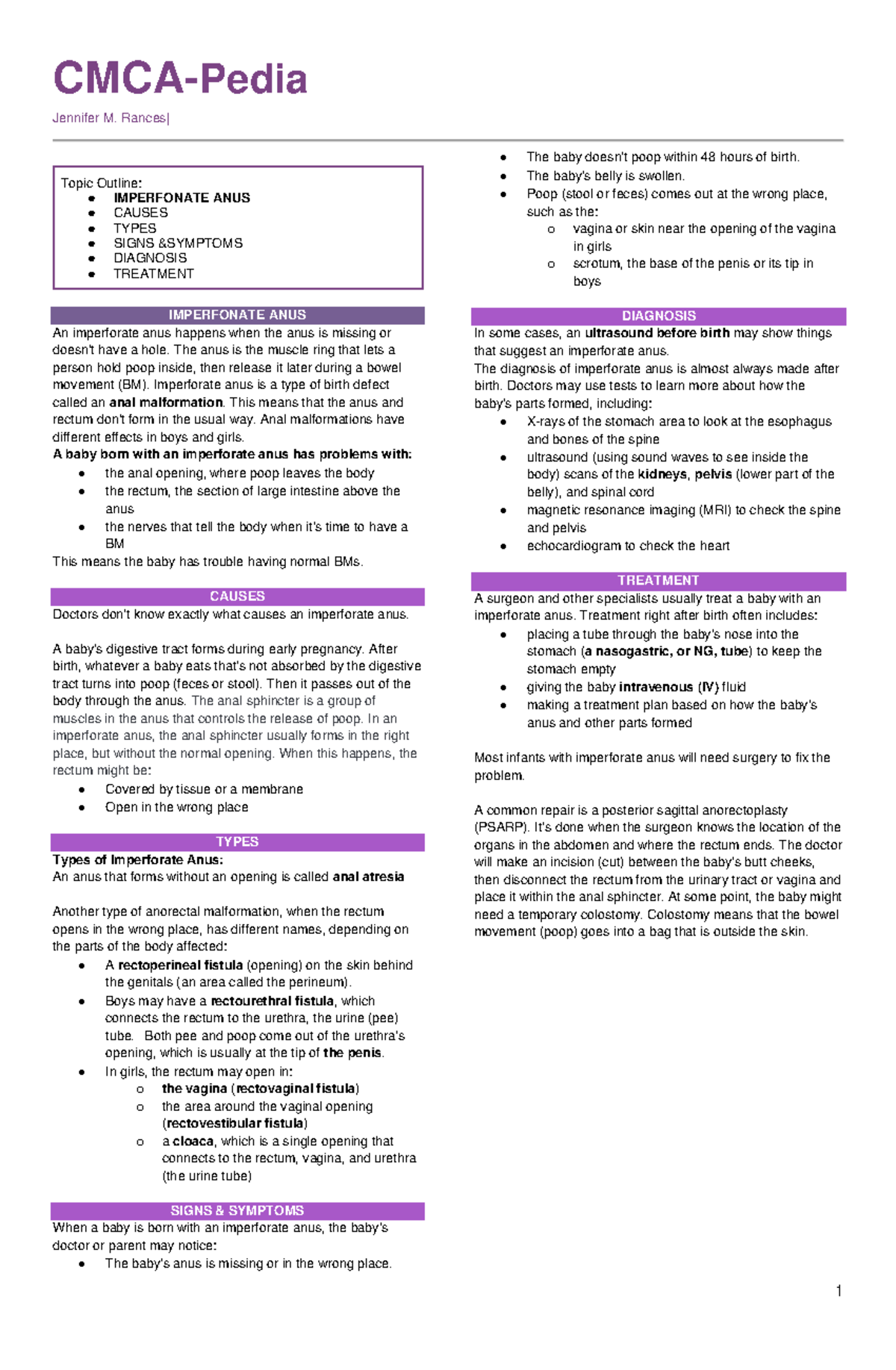 Pedia Imperfonate ANUS - CMCA-Pedia Jennifer M. Rances| 1 Topic Outline ...