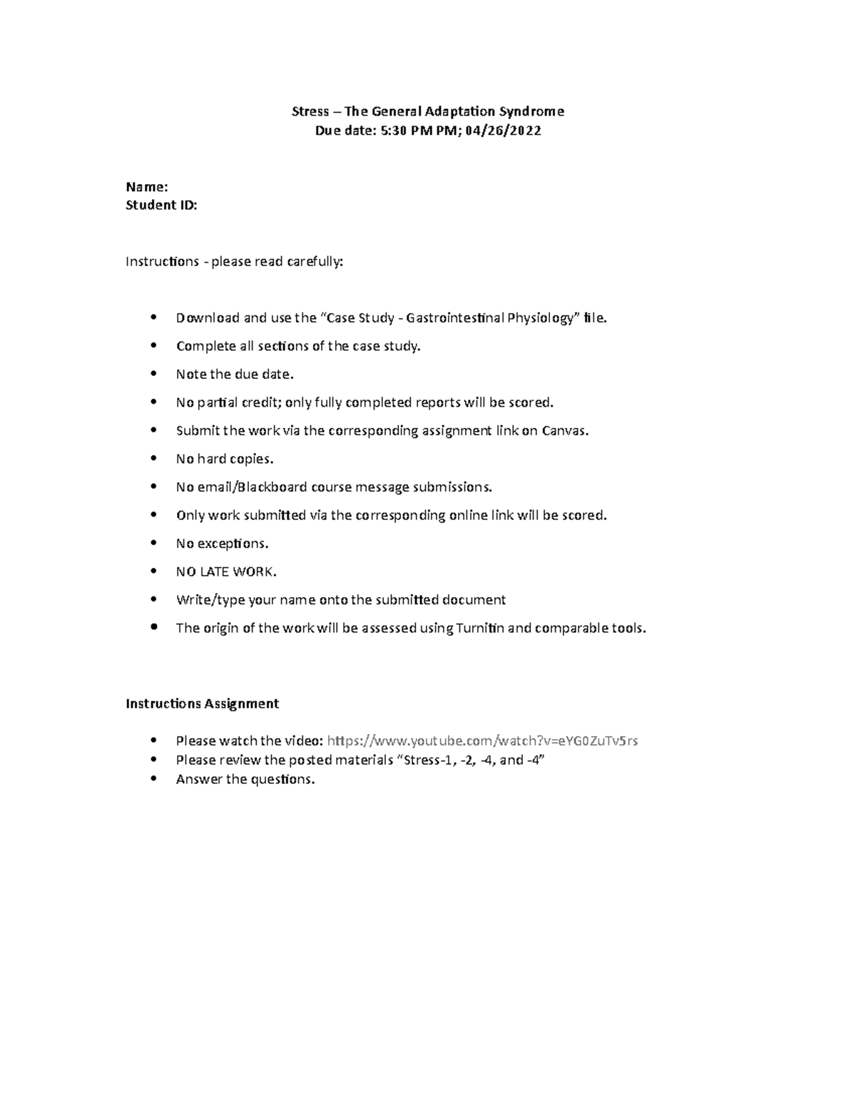 Assignment-Stress - General Adaptation Syndrome - Spring 2022 - Stress ...