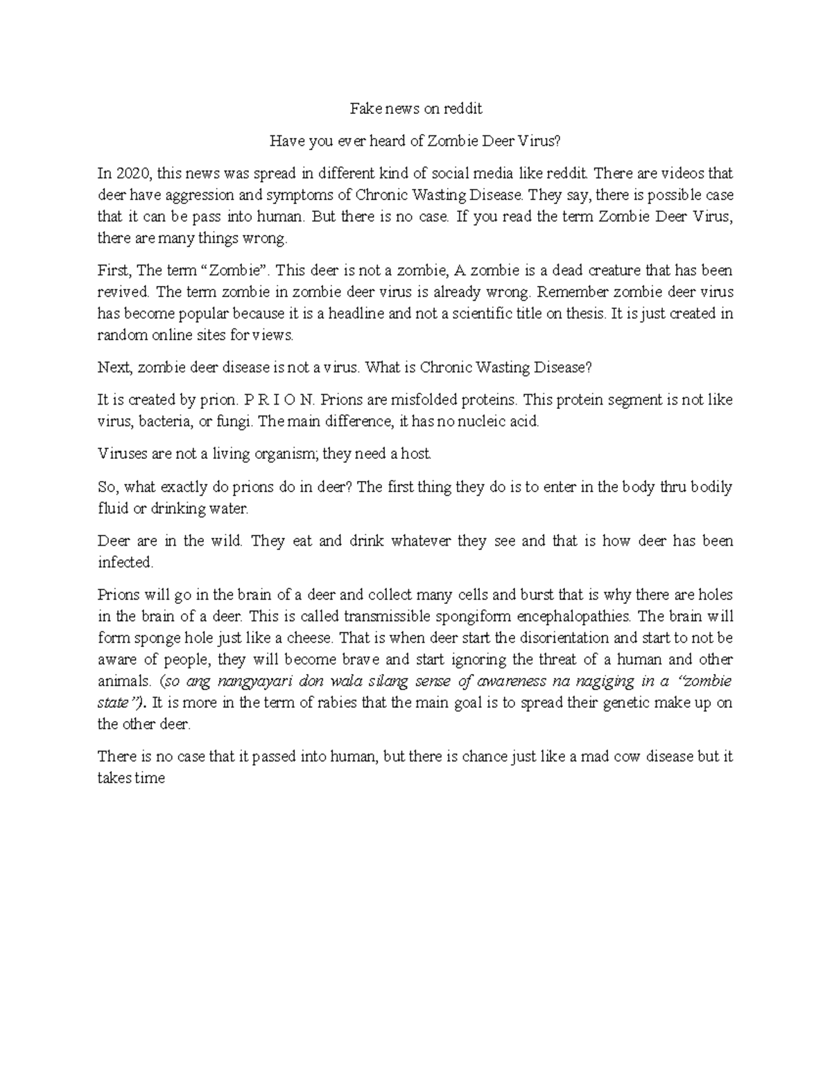 English chronic disease report script about zombie outbreak fake news