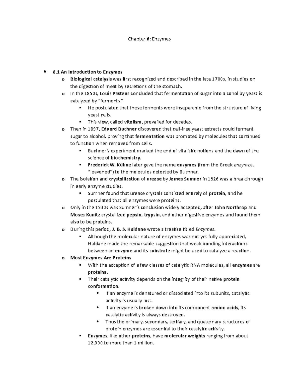 Chapter 6 Notes - Chapter 6: Enzymes 6 An Introduction to Enzymes o ...