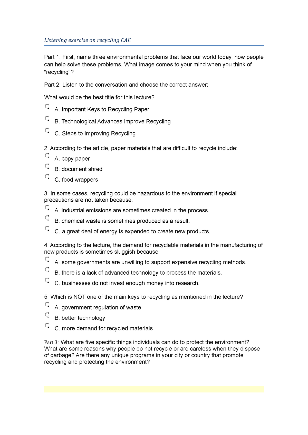 Listening CAE level Listening exercise on recycling CAE Part 1