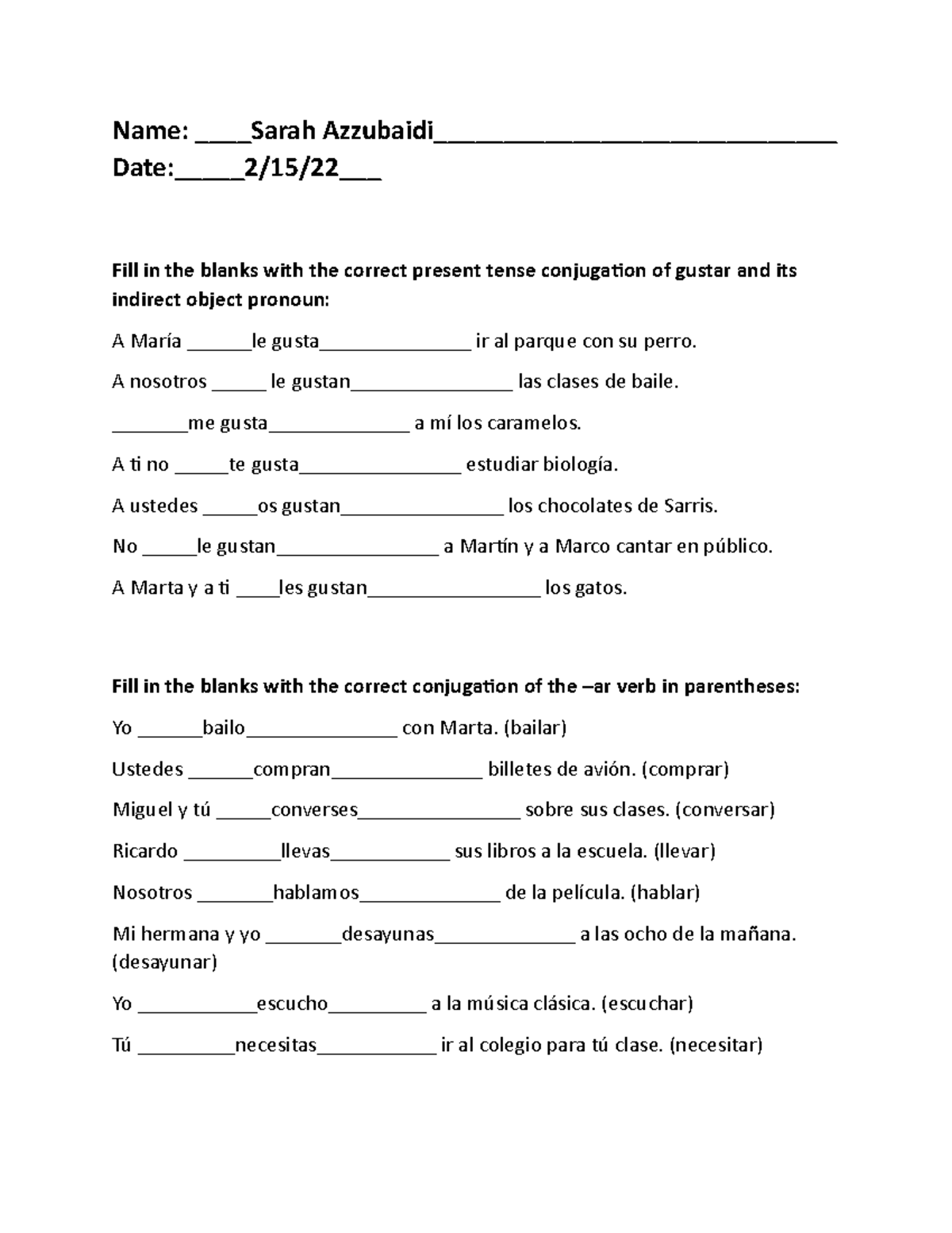 Document 75 - spanish notes and words - Name: Sarah Azzubaidi ...