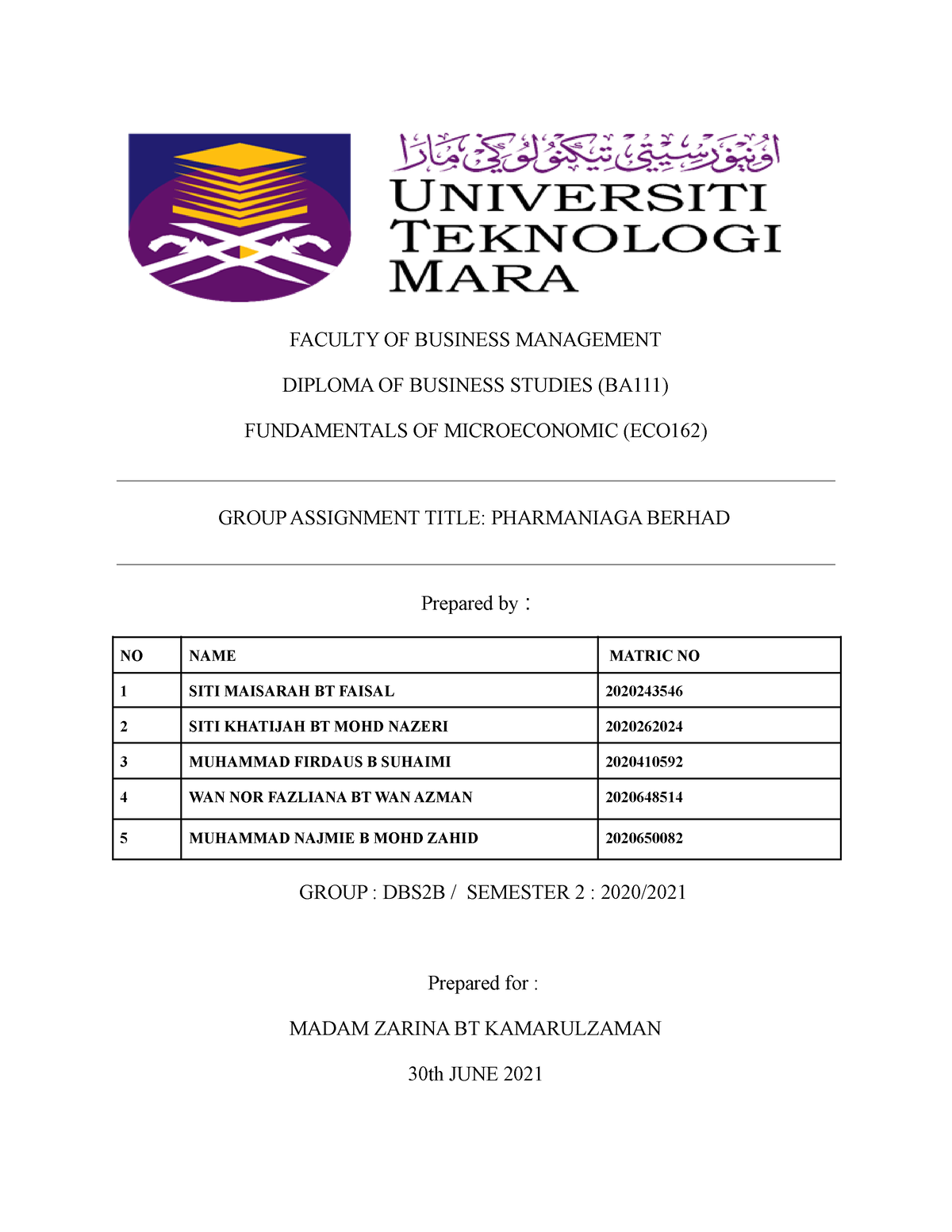 ECO162 - Group assignments - FACULTY OF BUSINESS MANAGEMENT DIPLOMA OF ...