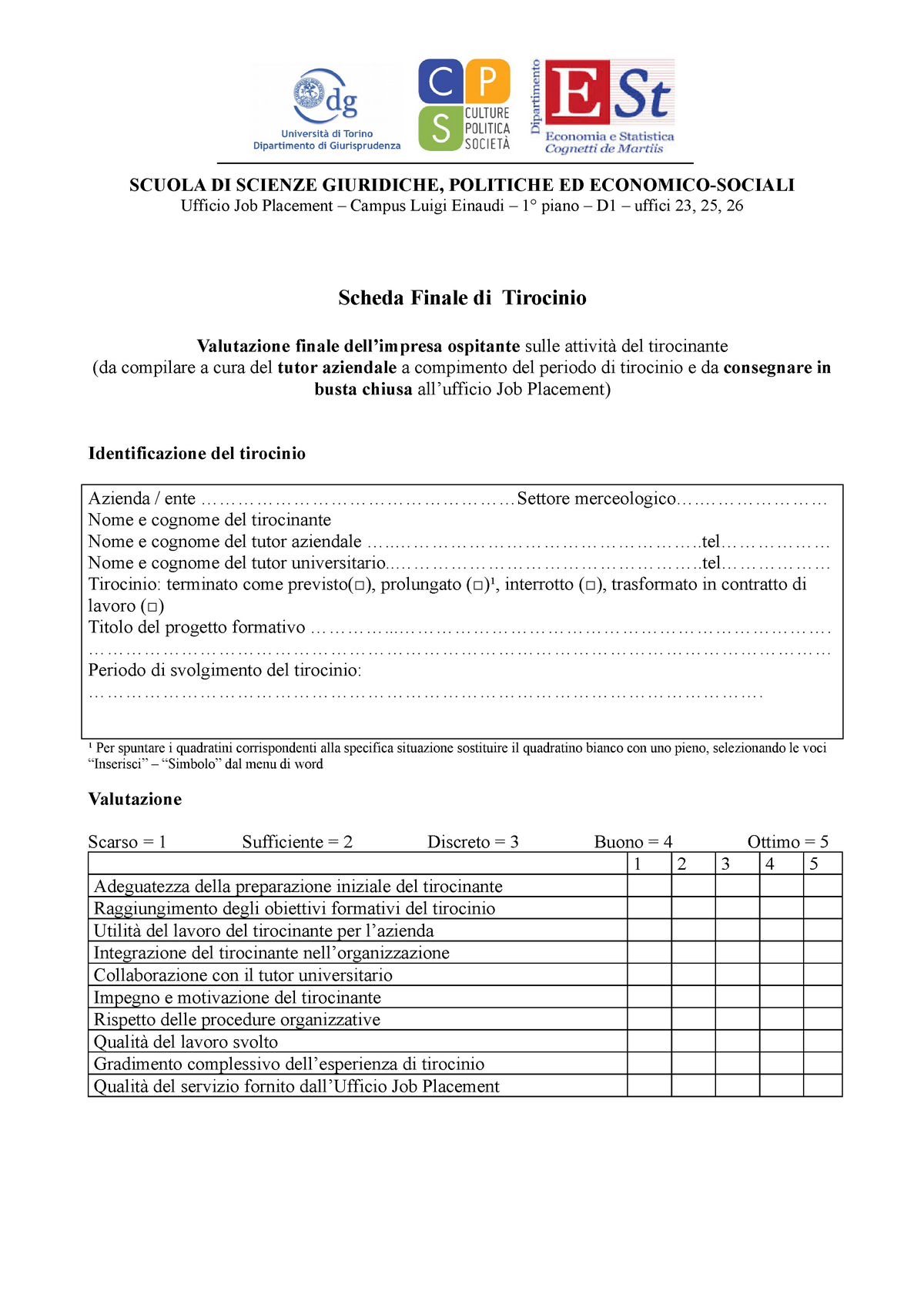 Scheda valutazione azienda finale - SCUOLA DI SCIENZE GIURIDICHE