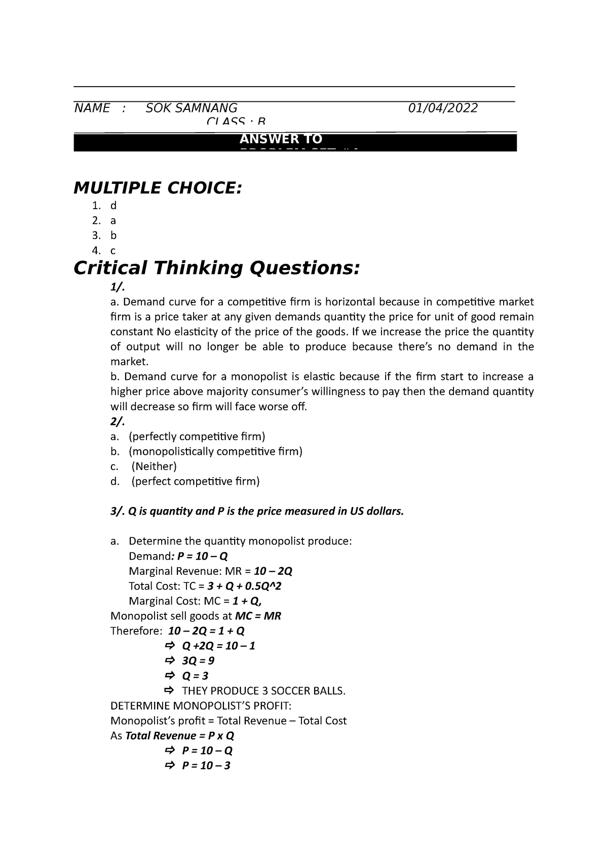 Principle Of Economic Homework With Exercise Multiple Choice D A B C Critical Thinking