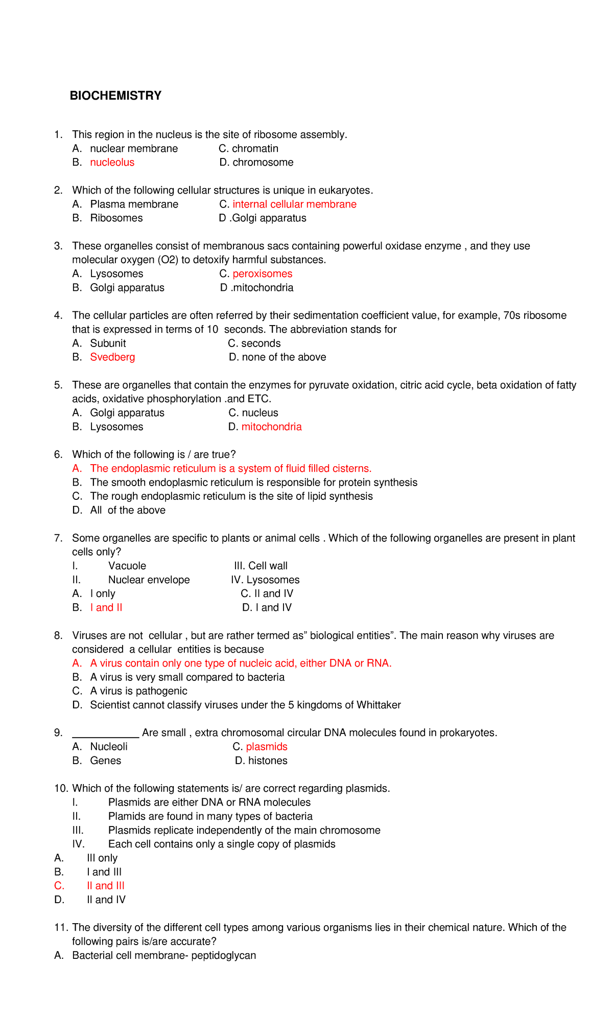 Biochemistry Answer Key