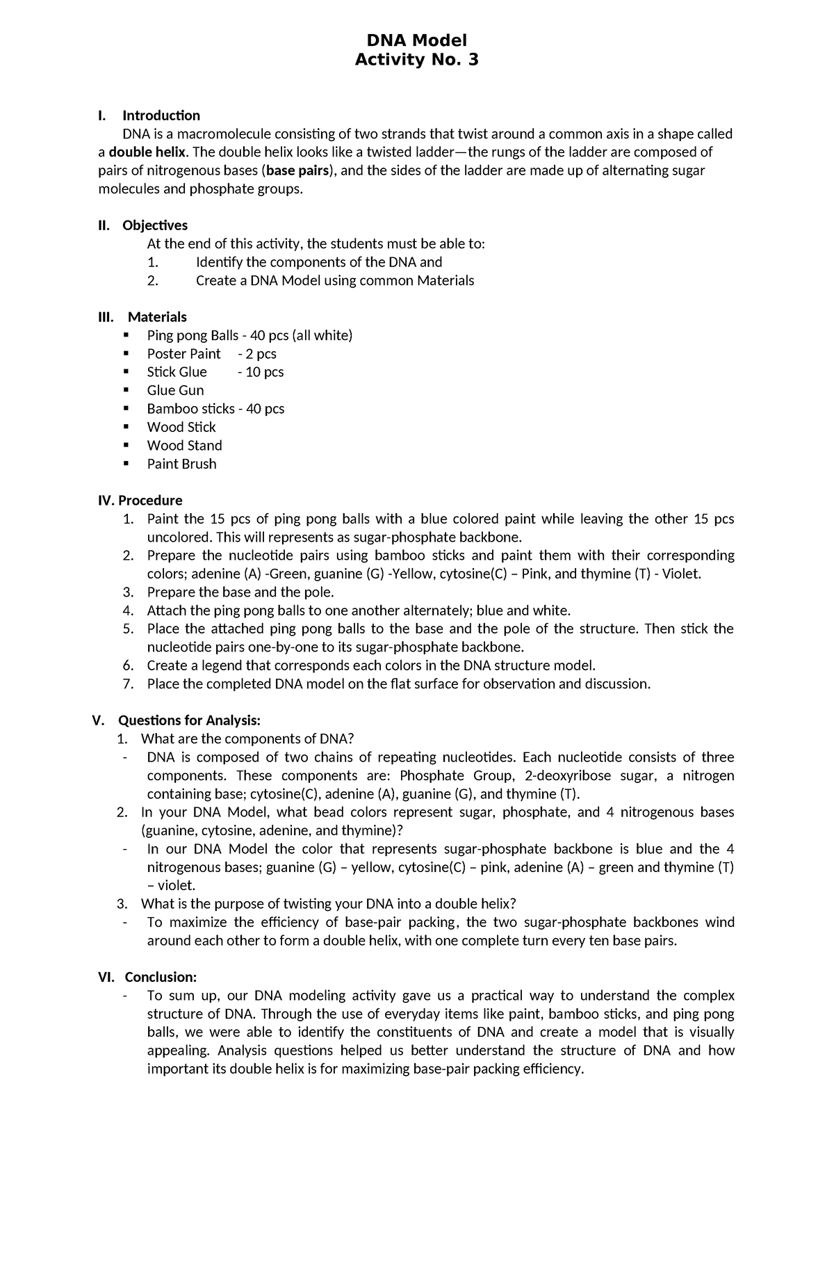 DNA-Model - DNA Model Activity No. 3 I. Introduction DNA is a ...