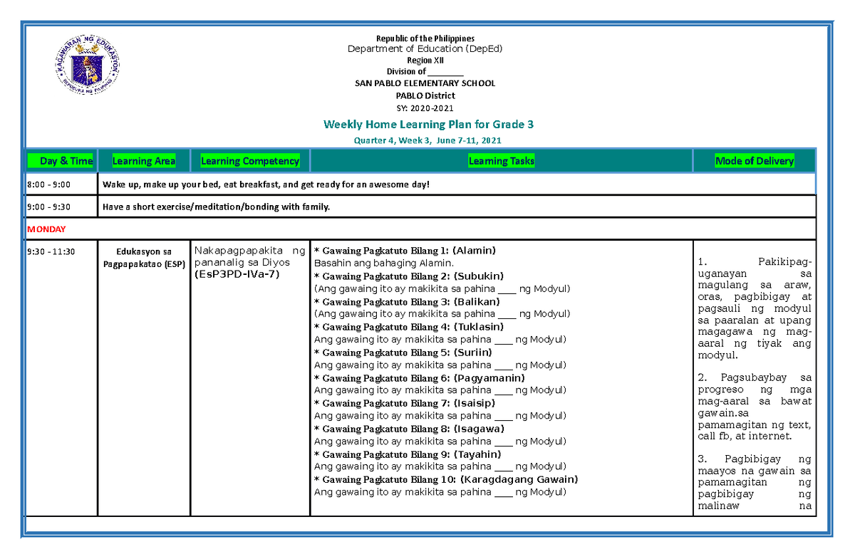 Grade 3 ALL Subjects WHLP Q4 W3 - Weekly Home Learning Plan for Grade 3 ...