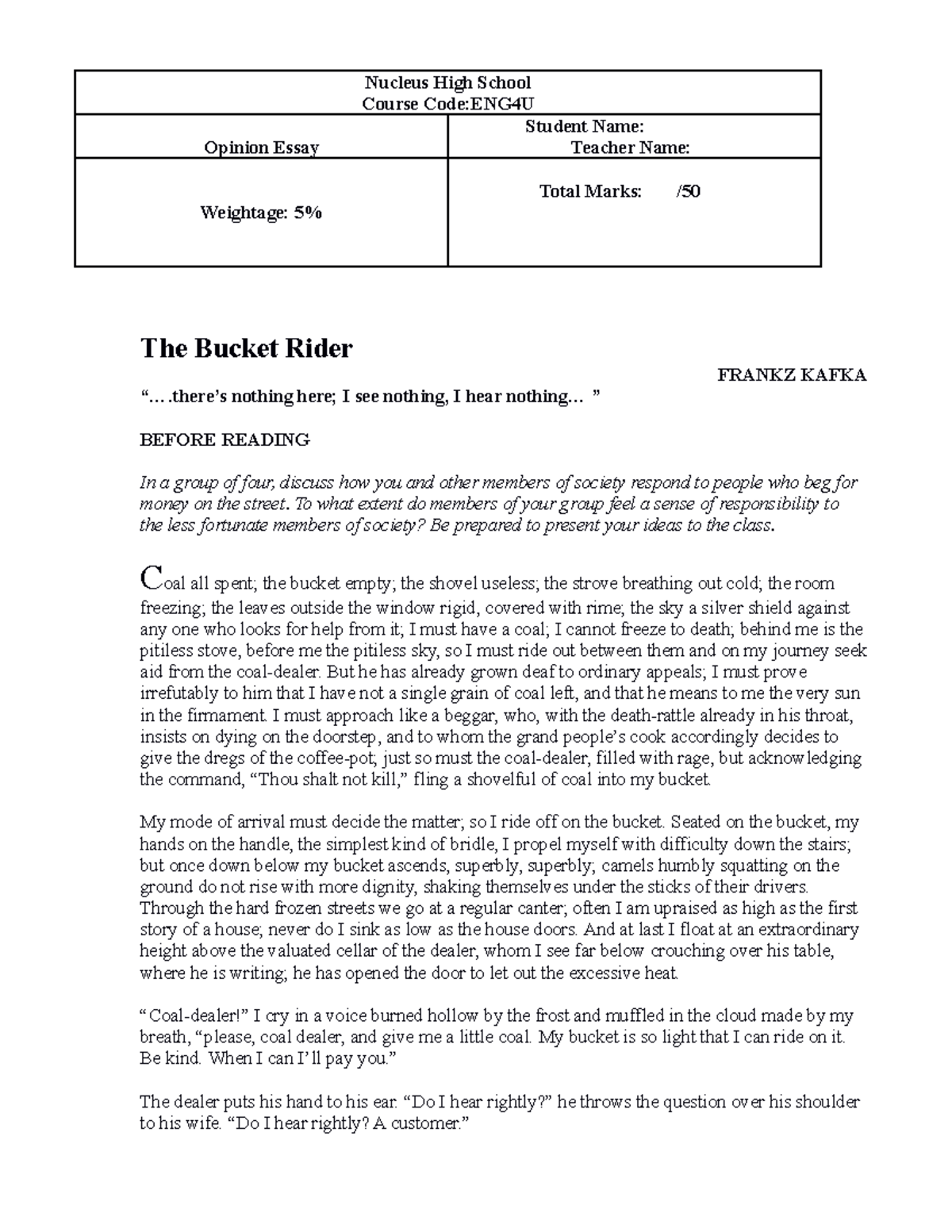 Assignment The Bucket Rider Nucleus High School Course CodeENG4U