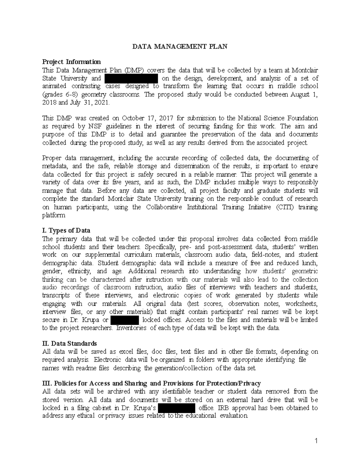 Data Management Plan Sample - 1 DATA MANAGEMENT PLAN Project ...