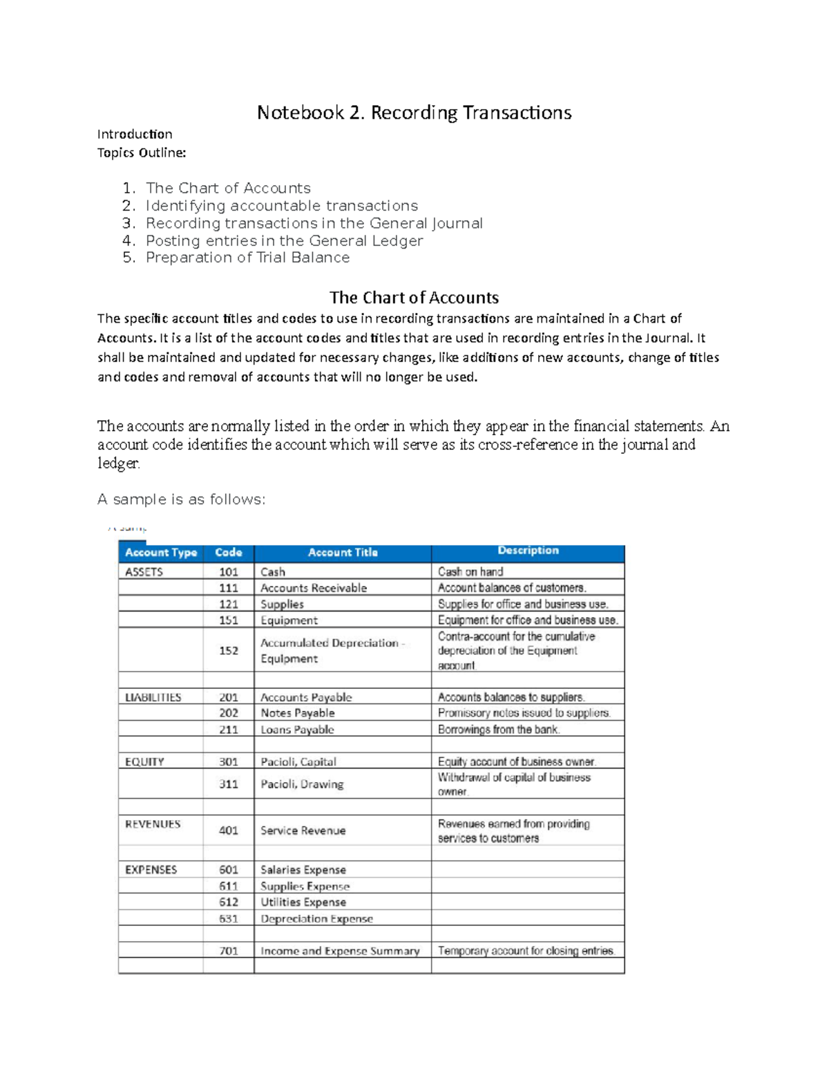 CB Notebook 2 - 1. The Chart of Accounts 2. Identifying accountable ...