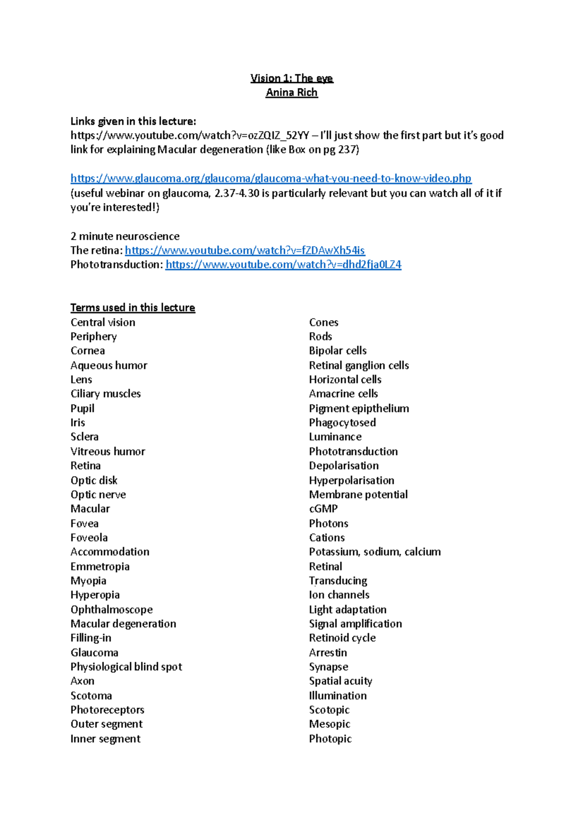 Terminology and links used in Vision 1 lecture - Vision 1: The eye ...