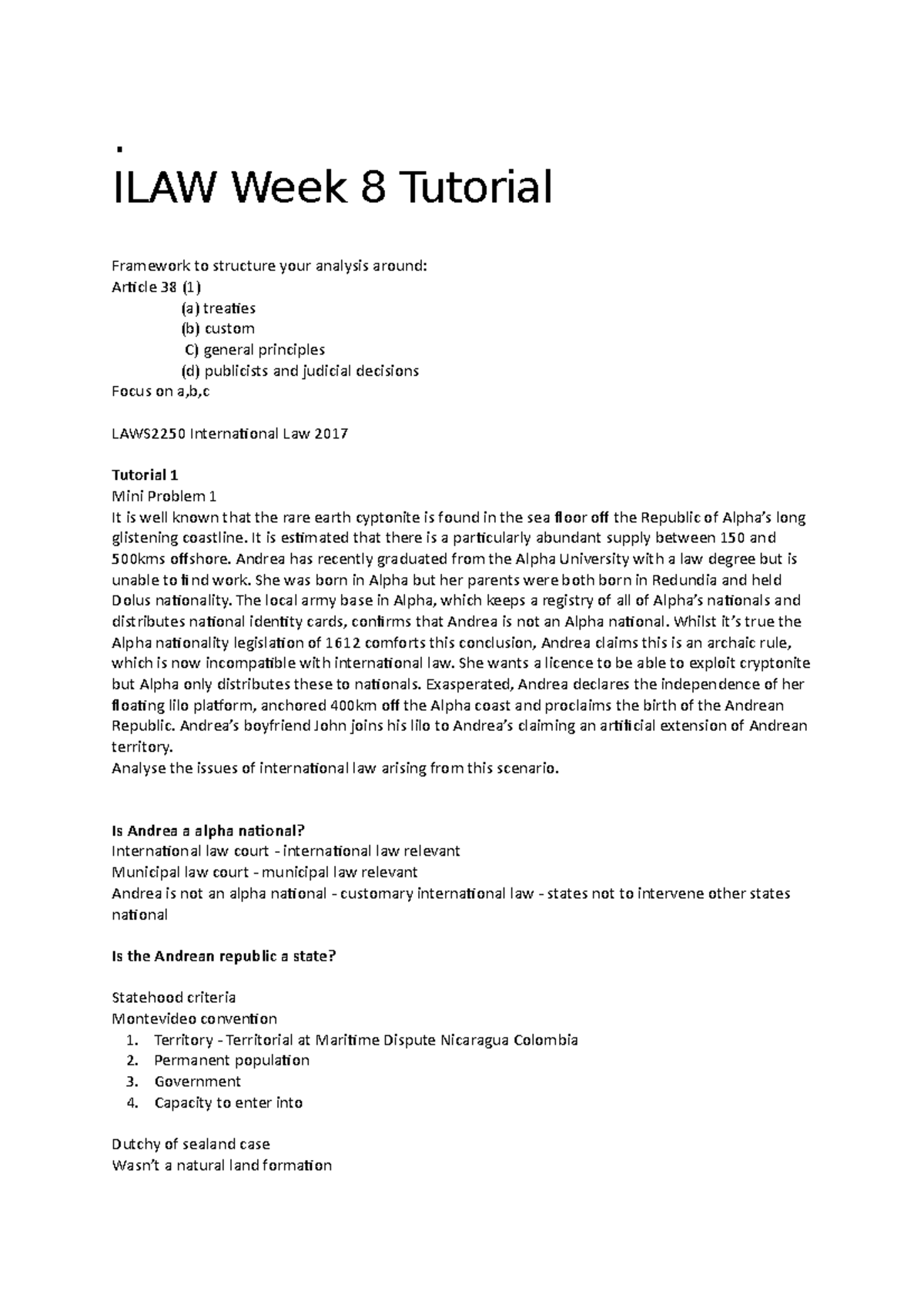 International Law Tutorial Questions and Answers - LAWS2250 - ANU - Studocu