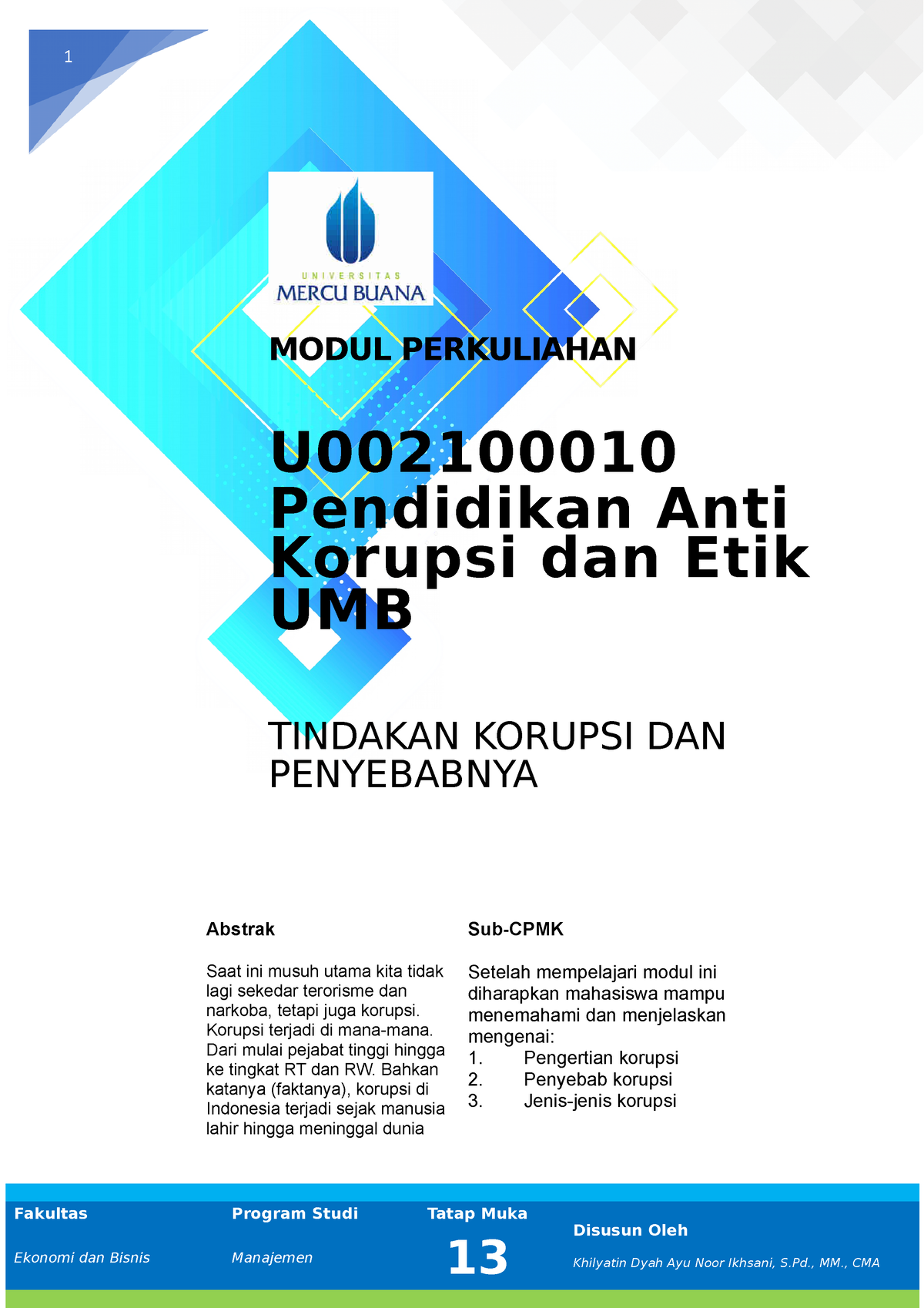 Modul Pend Anti Korupsi Dan Etik UMB, Pertemuan 13 - 1 MODUL ...