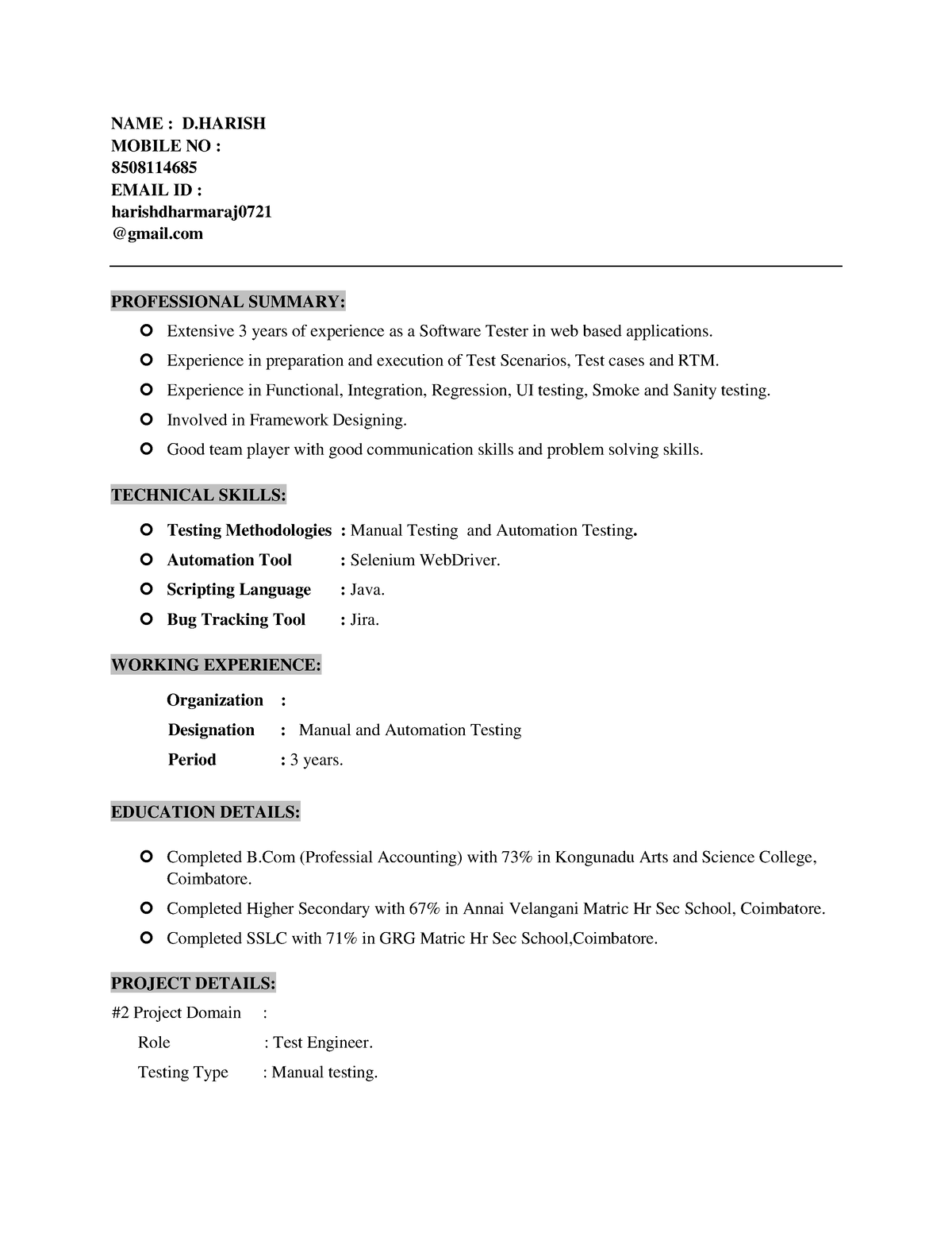 Resume New Doc-converted-1 - Name : D Mobile No : 8508114685 Email Id 