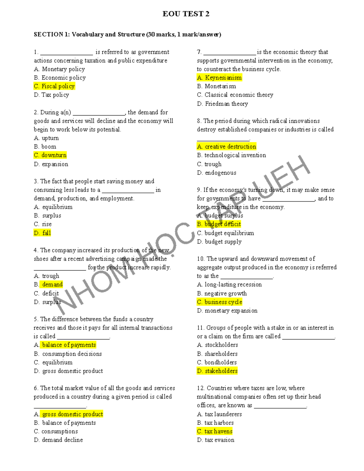 EOU TEST 2 - Tham Khảo End Of Unit Test HP4 ...