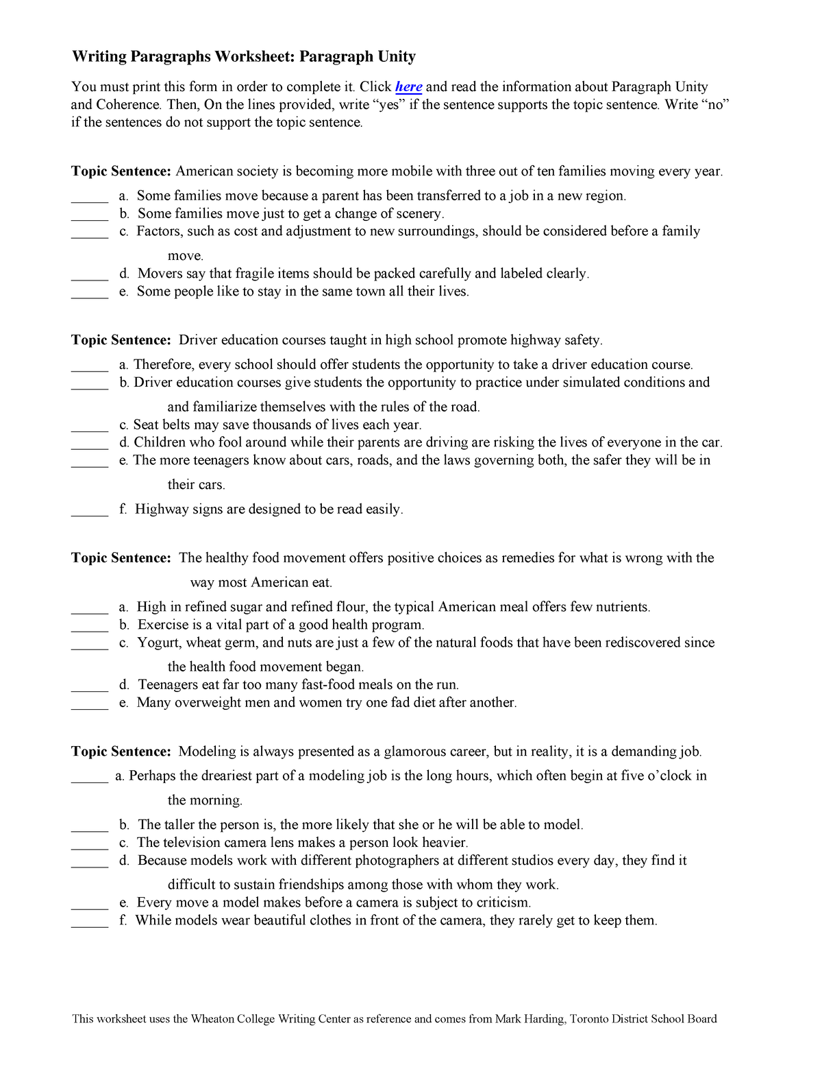 Unity and Coherence Worksheet JE - Writing Paragraphs Worksheet ...