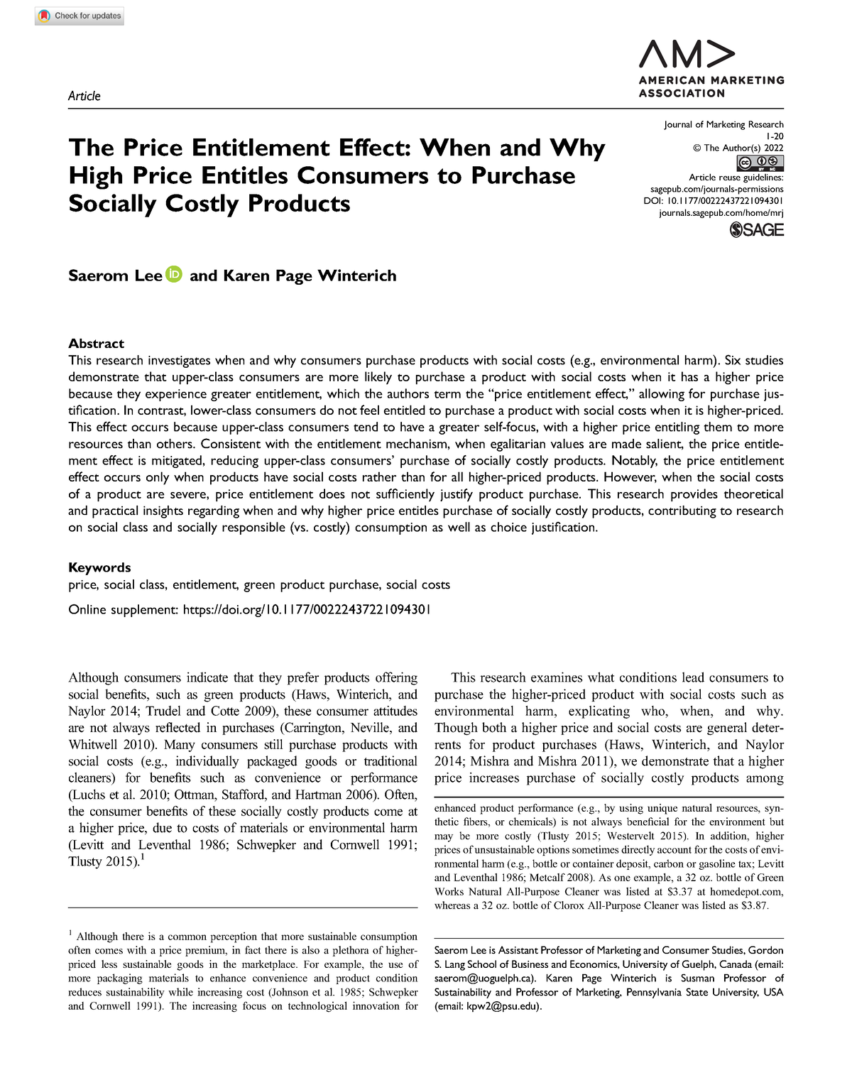 The Price Entitlement Effect: When and Why High Price Entitles Consumers to  Purchase Socially Costly Products - Saerom Lee, Karen Page Winterich, 2022