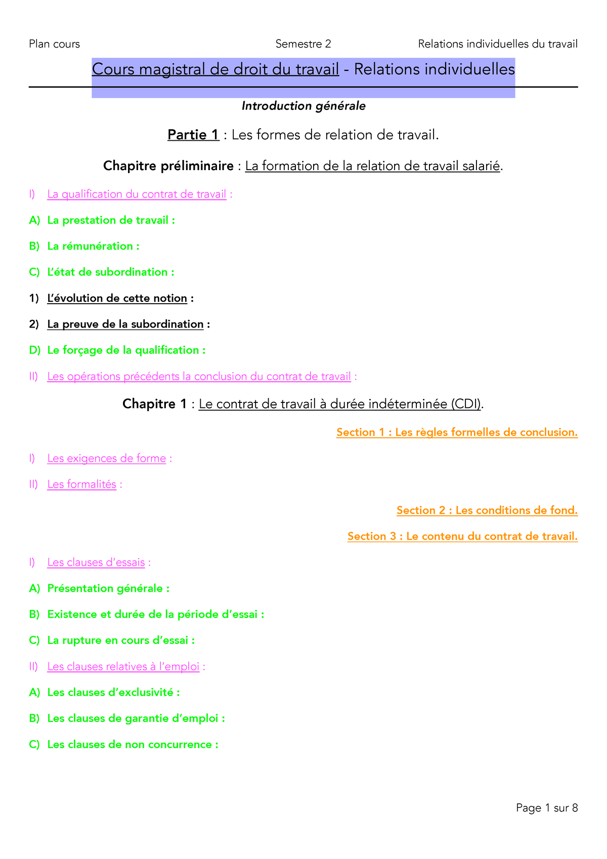 Plan Cours Travail S Cours Magistral De Droit Du Travail Relations