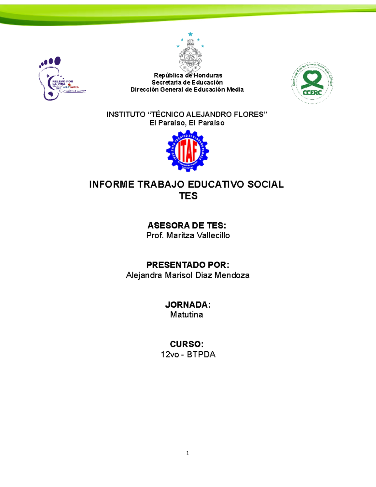 Informe DE TES - sgdsdgsdg - República de Honduras Secretaria de ...
