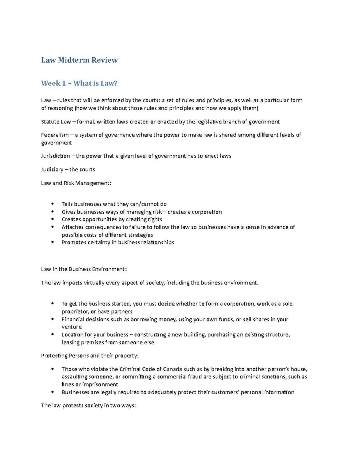 Law-Midterm-Review - Lecture notes 1-9 - Law Midterm Review Week 1 ...
