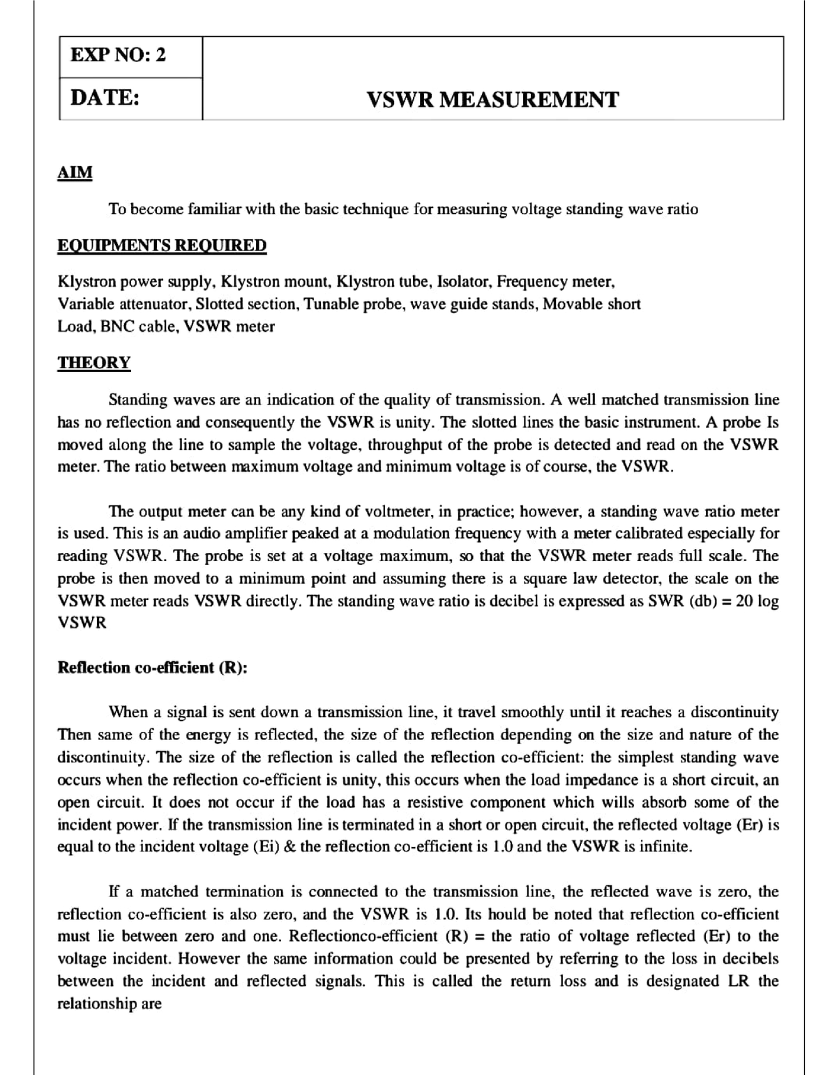vswr measurement experiment