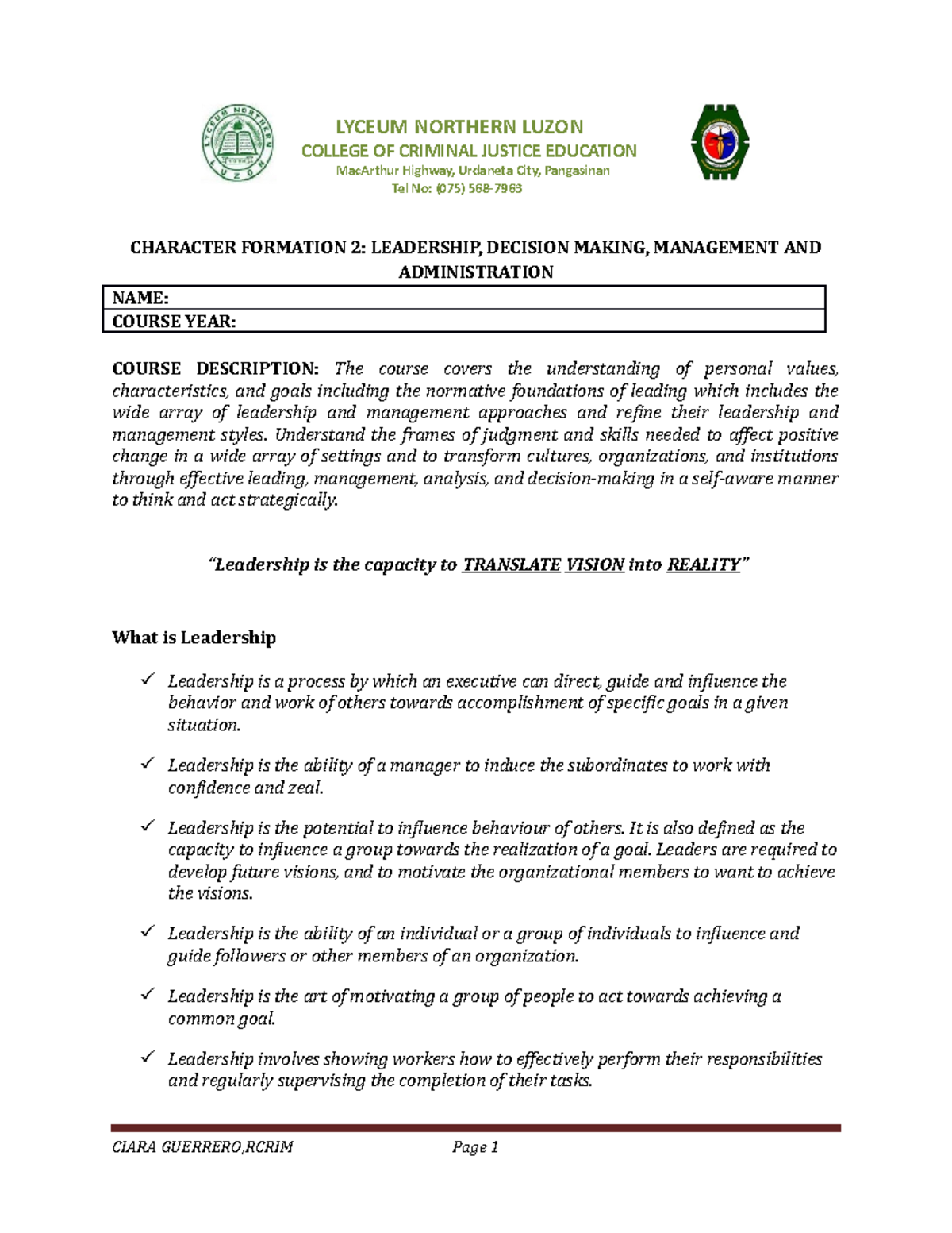 Notes charfo 2 - character formation - LYCEUM NORTHERN LUZON COLLEGE OF ...