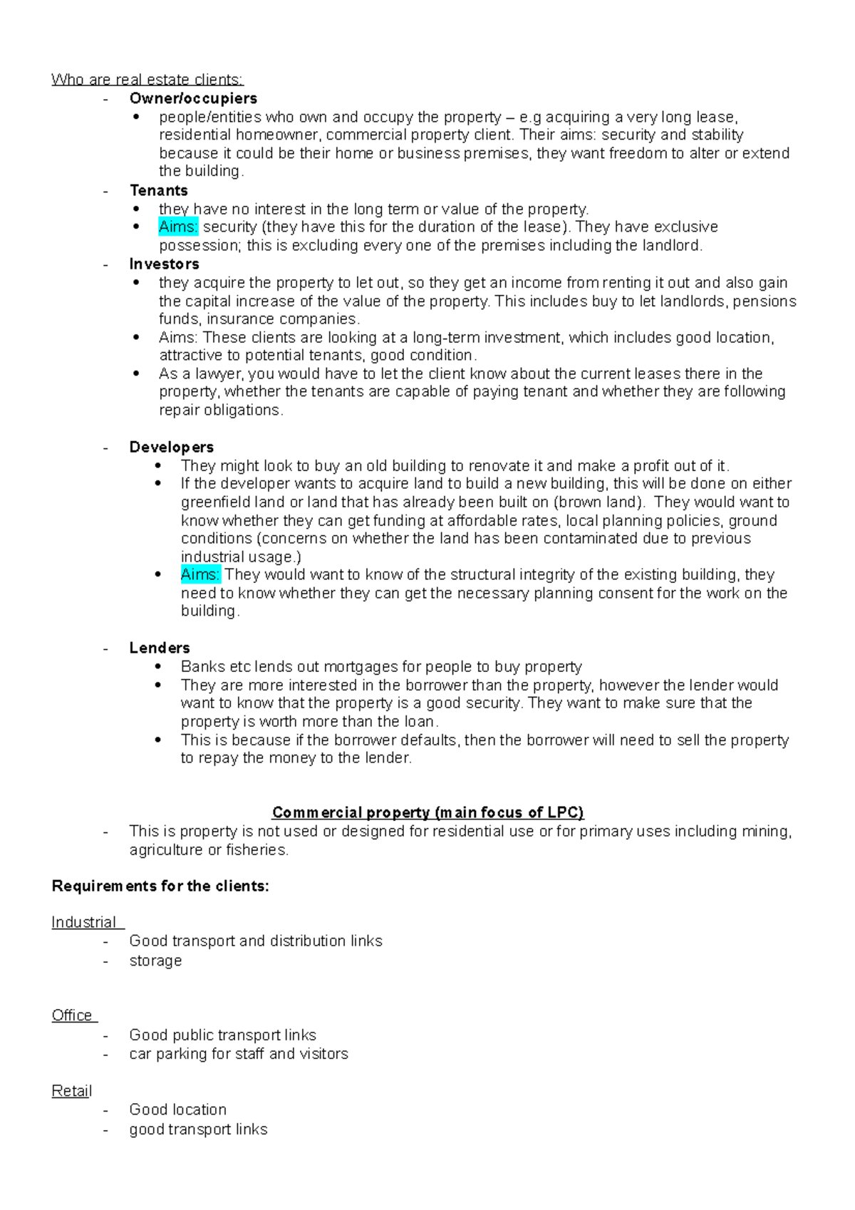 Notes Who are real estate clients Owner/occupiers people/entities