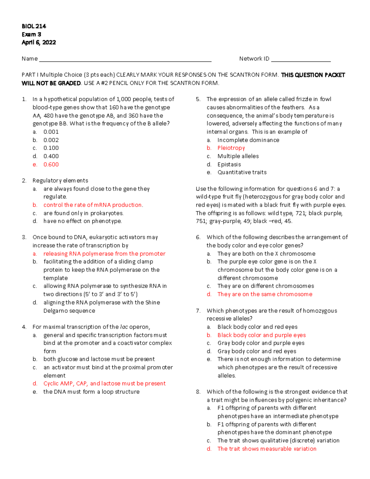 Exam 3 MC Answer Key Spring 2022 - BIOL 214 Exam 3 April 6 , 2022 Name ...