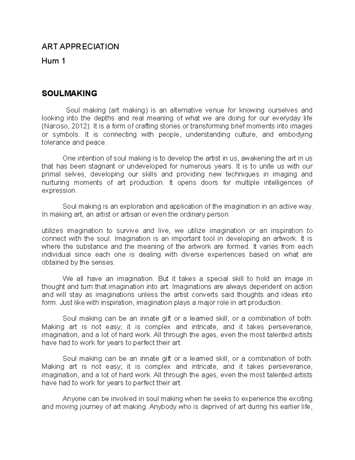 Art Appreciation Hum 1 Soulmaking ART APPRECIATION Hum 1 SOULMAKING