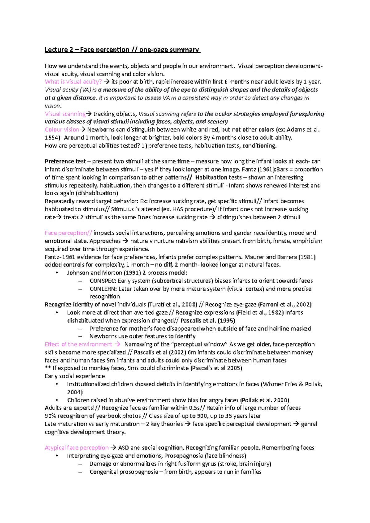 2 - One page summary - Lecture notes 2 - Lecture 2 – Face perception ...