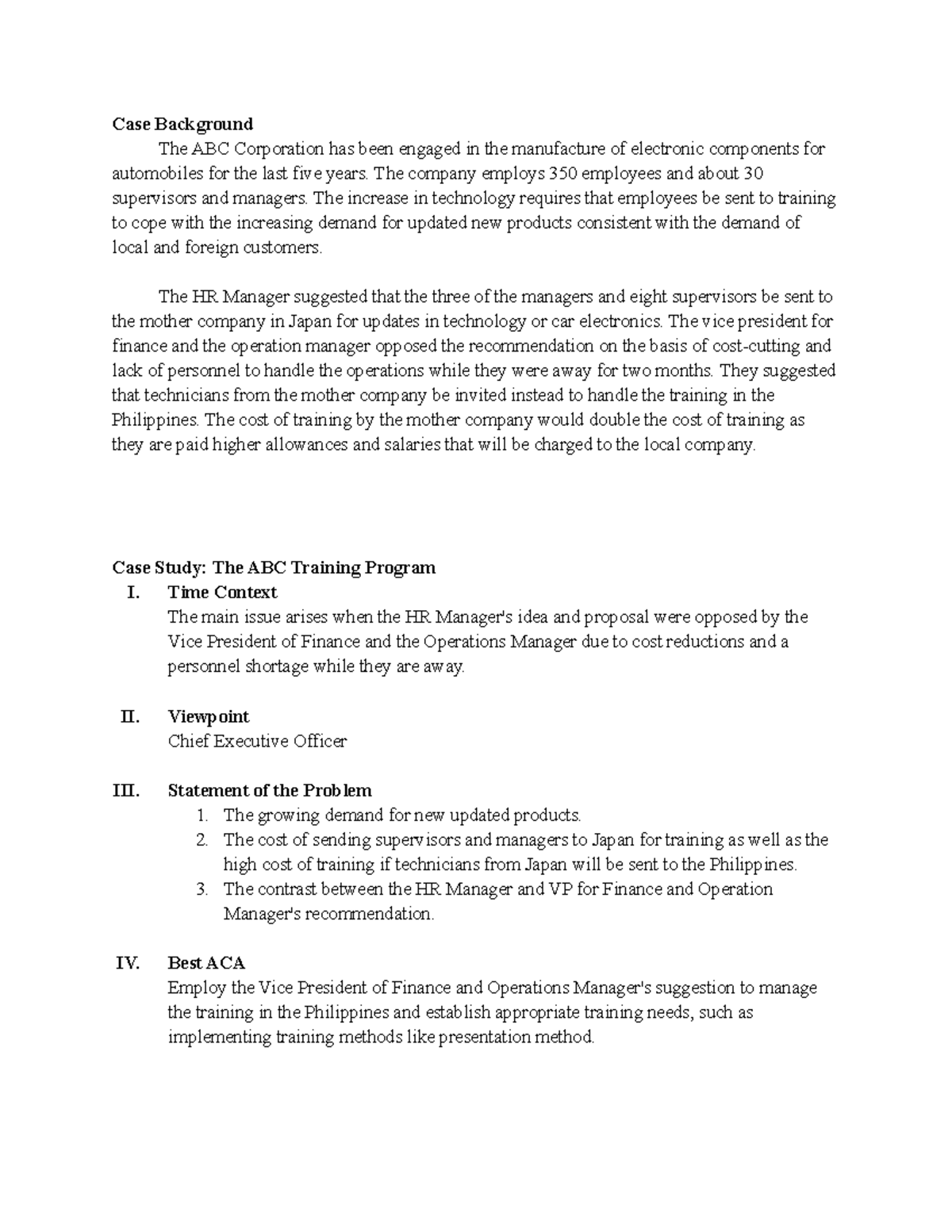 Case Study 3 Juror's Analysis - Case Background The ABC Corporation has ...