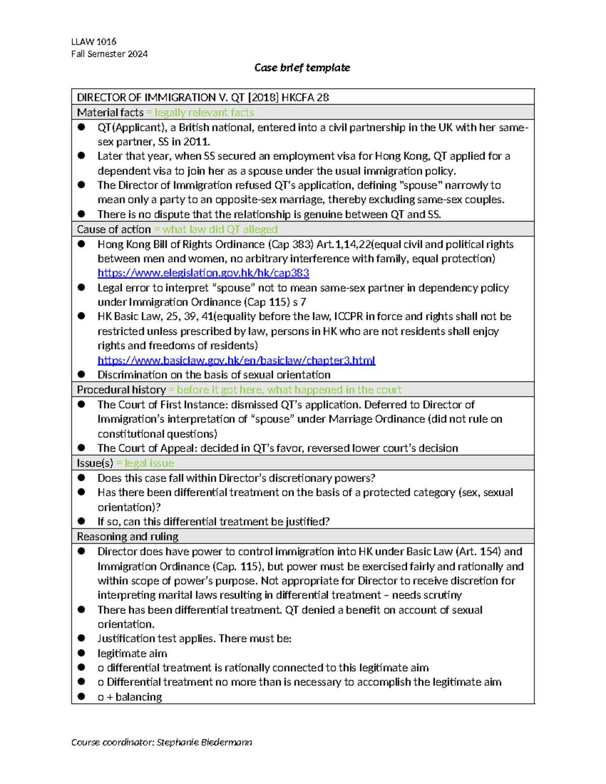 [Case brief] Director of immigration v. QT - LLAW 1016 Fall Semester ...