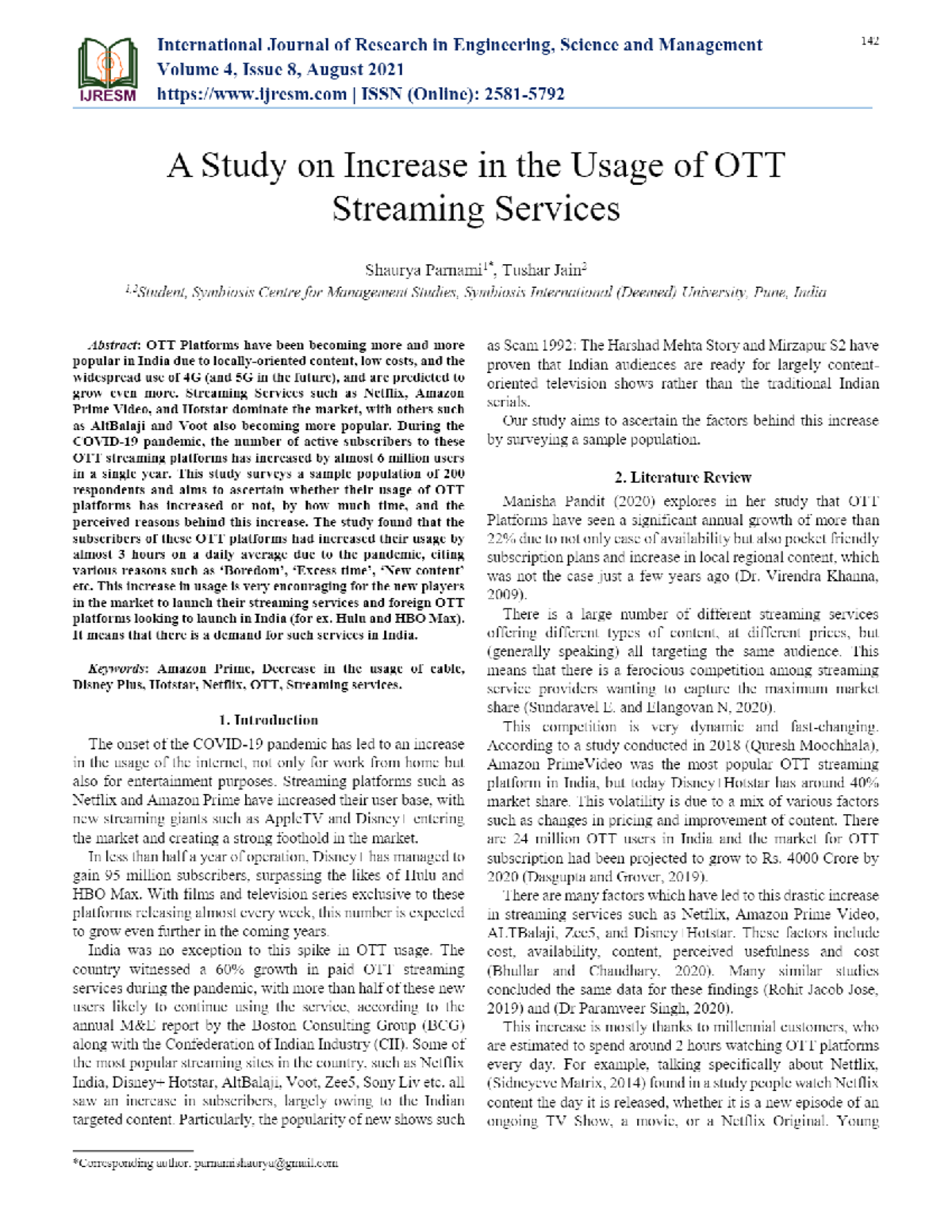 View of A Study on Increase in the Usage of OTT Streaming Services ...