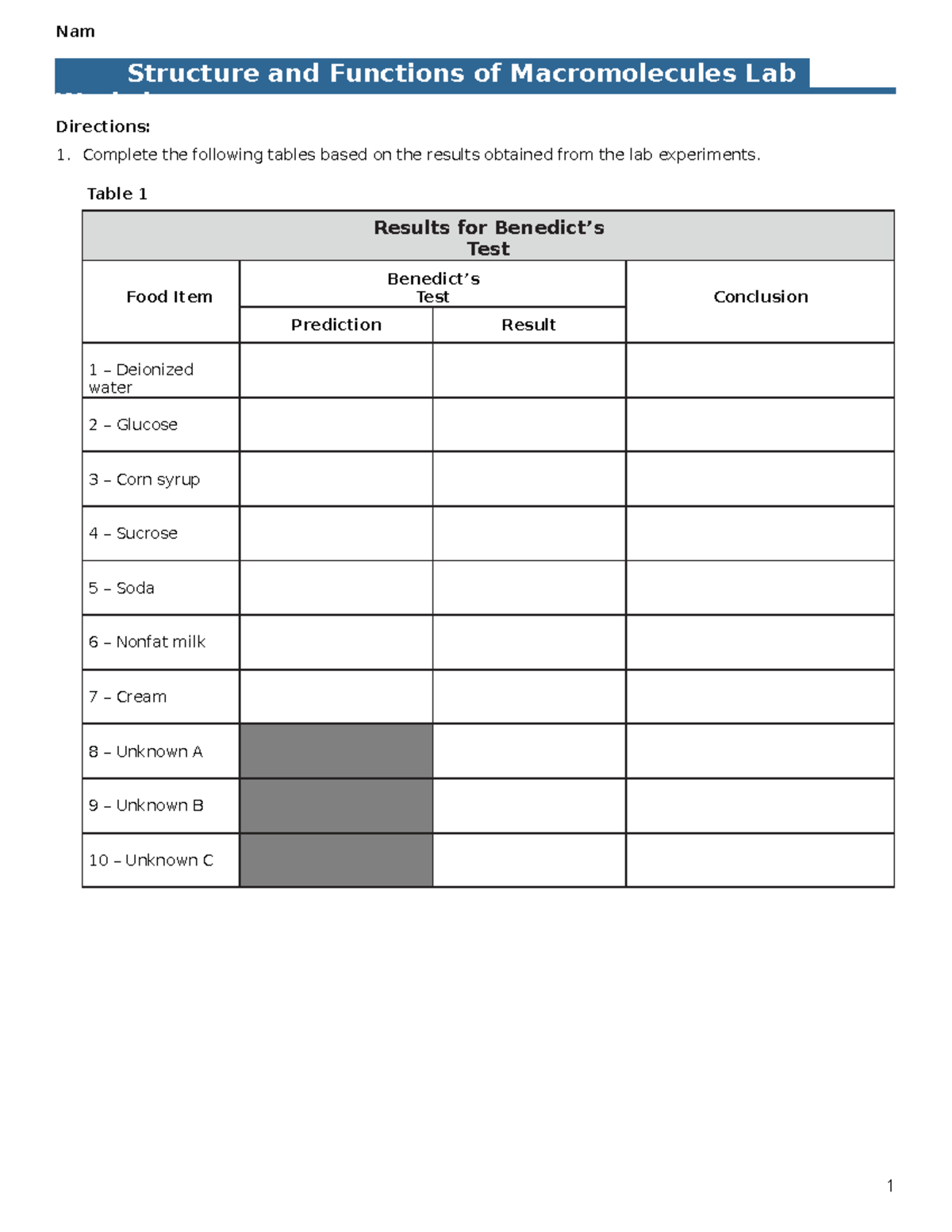 3 Macromolecules worksheet - Directions: Complete the following tables ...