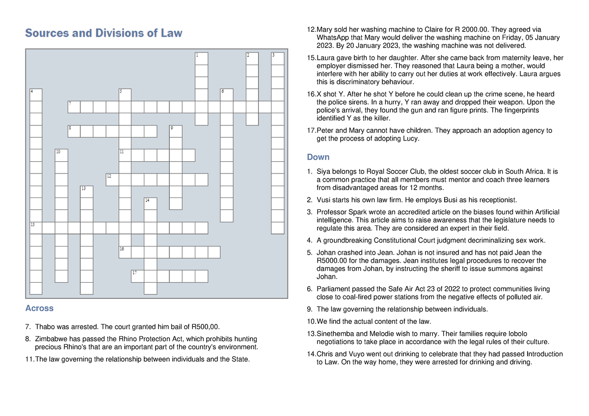 Sources and Divisions of Law Crossword Puzzle Across Thabo was