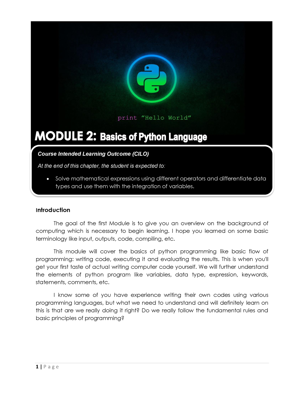 Module 2 Basic Of Python Language - Introduction The Goal Of The First ...