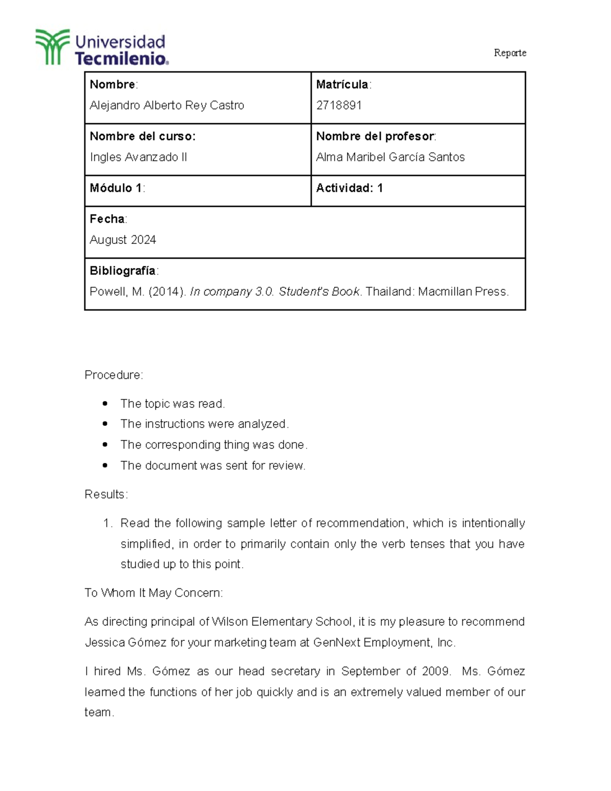 Act 1 Ingles Avanzado ll - Nombre: Alejandro Alberto Rey Castro ...