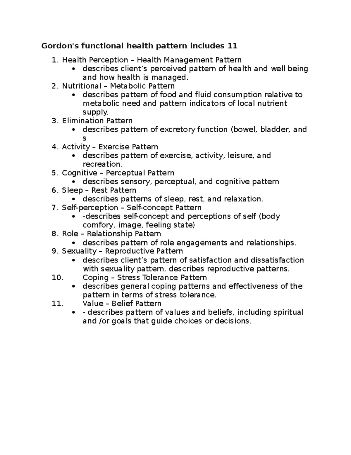 Gordon - Gordon's functional health pattern includes 11 1. Health ...