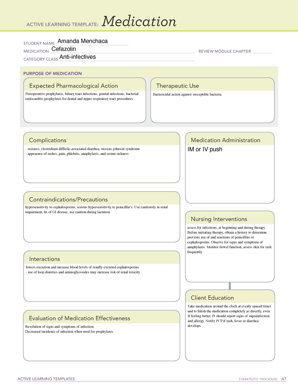 Cefazolin-MED - ATI medication card template - NUR22 Inside Medication Card Template