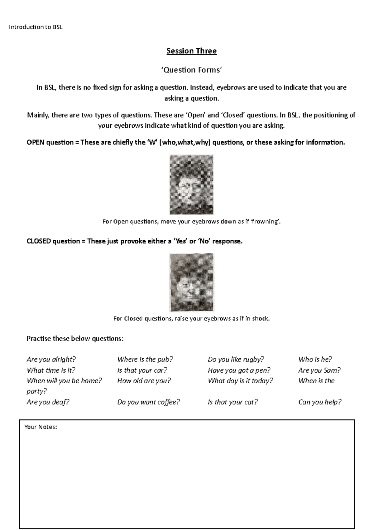 Question forms - practice sheet - Introduction to BSL Session Three ...
