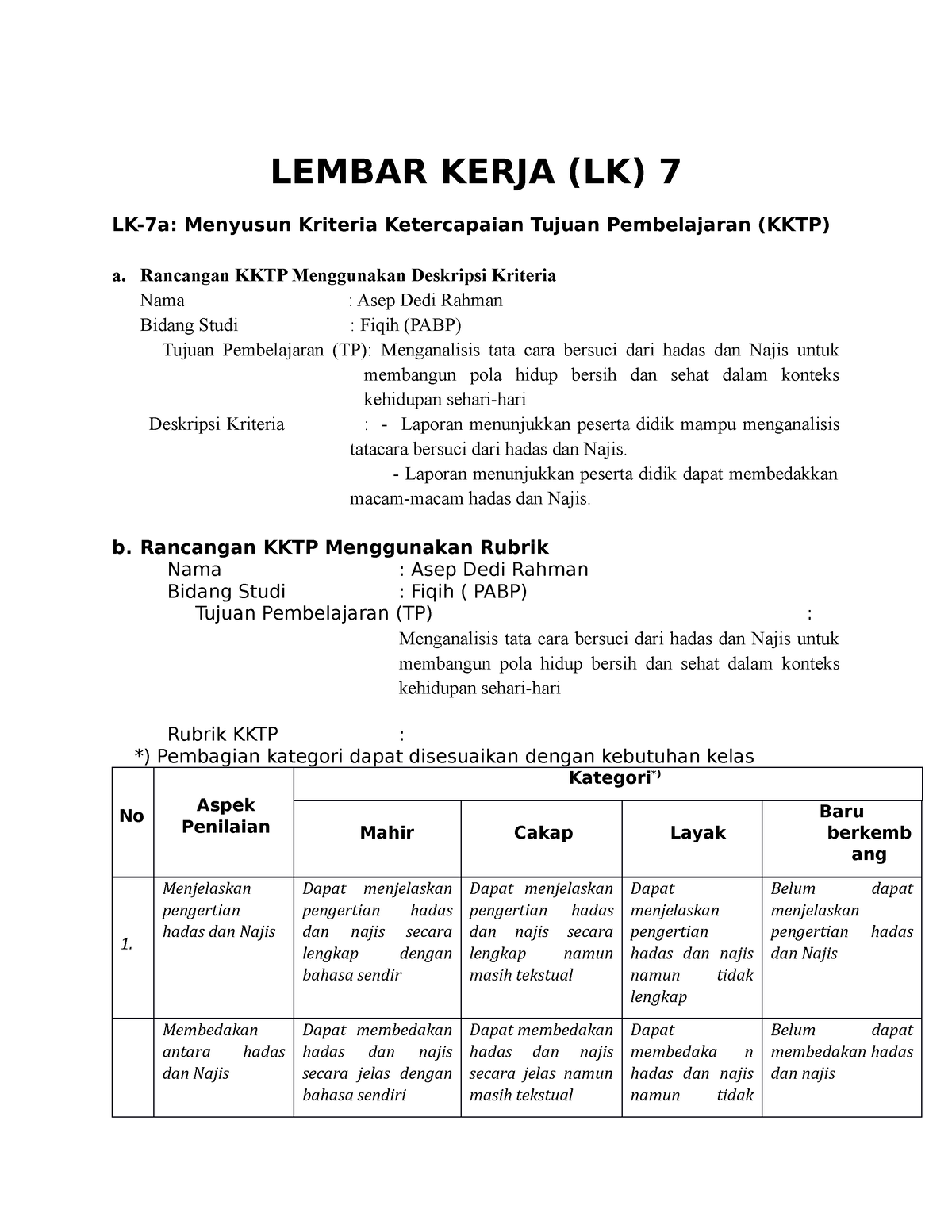 Tugas Lokakarya LK 7 - LEMBAR KERJA (LK) 7 LK-7a: Menyusun Kriteria ...