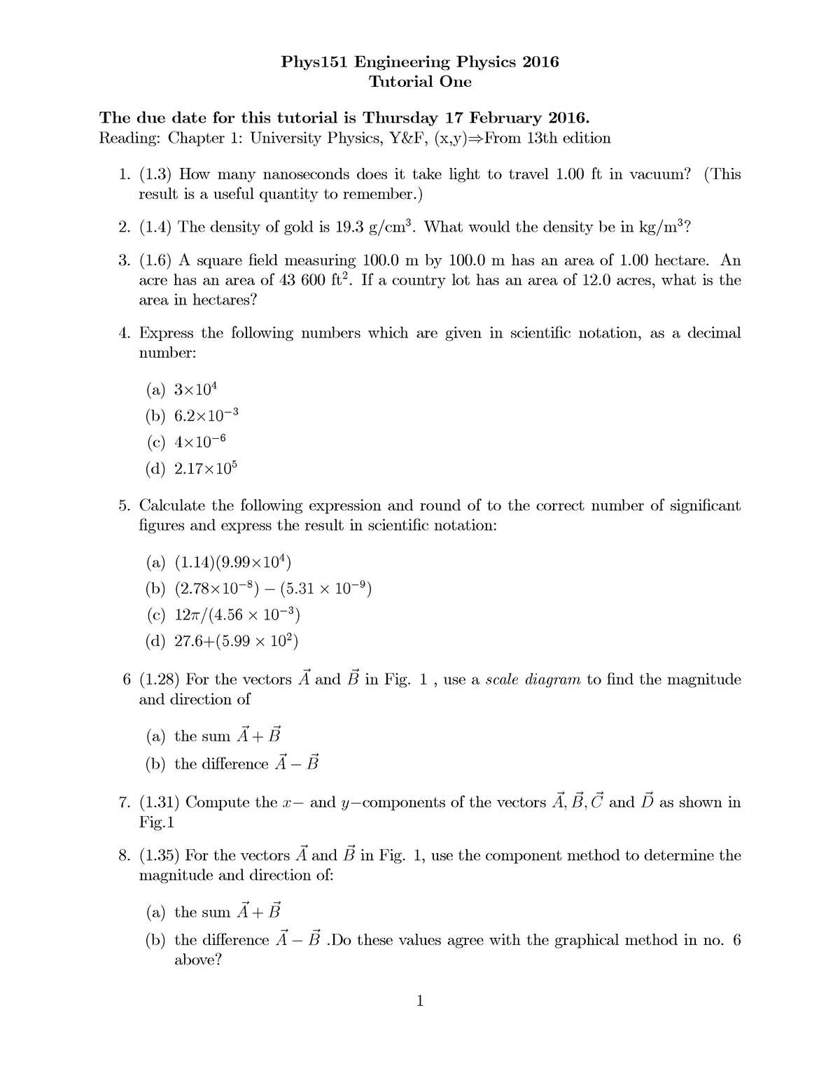 Tutorial 1 Phys151 2016 - Phys151 Engineering Physics 2016 Tutorial One ...