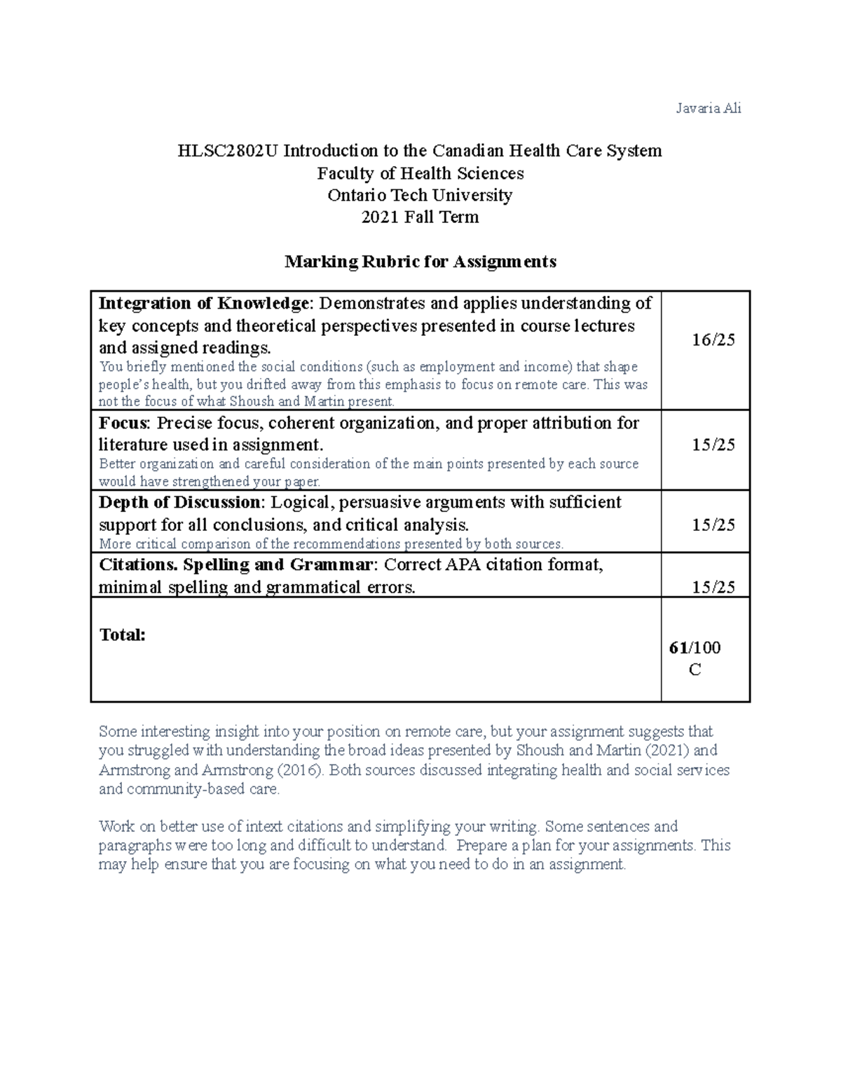 Assignment Marking Rubric Ali J - Javaria Ali HLSC2802U Introduction to ...