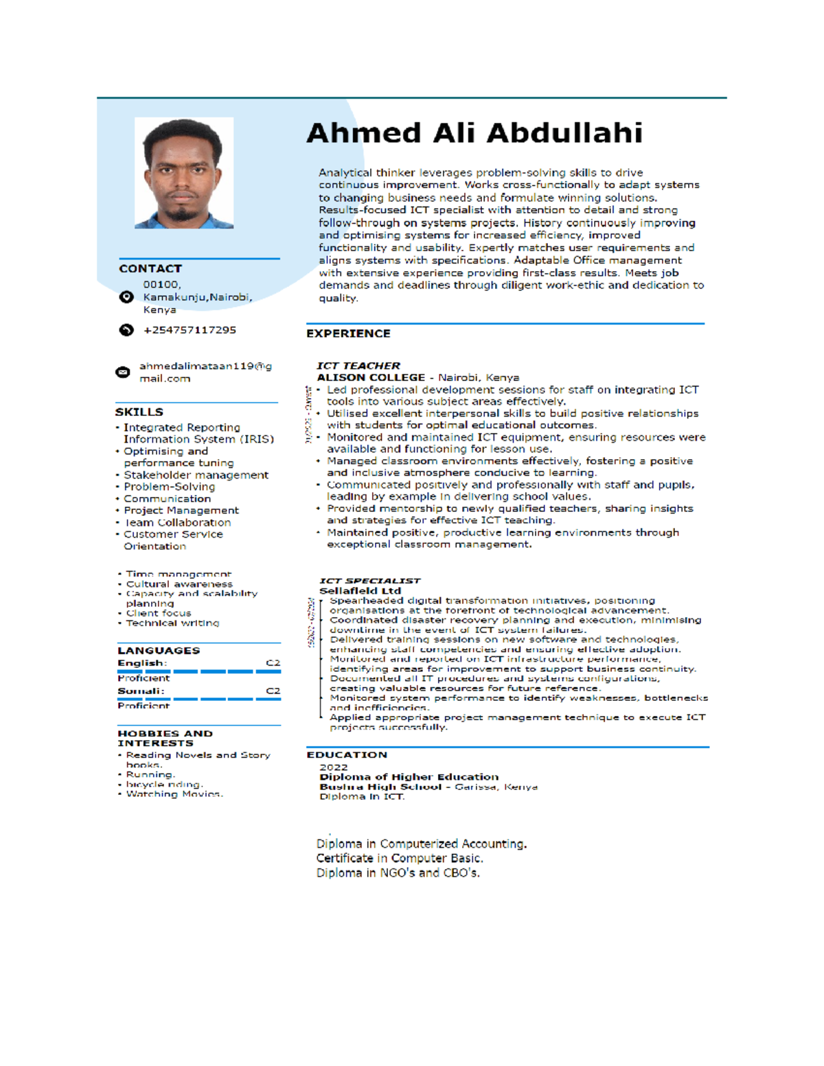 Ahmed's Cv pdf - i'm a new student - Ahmed Ali Abdullahi Analytical ...