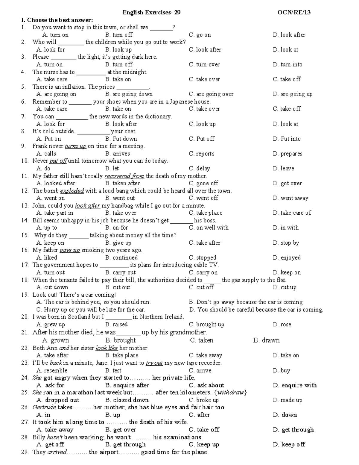 Phrasal verbs- 2 - ple - English Exercises- 29 OCN/RE/ I. Choose the ...